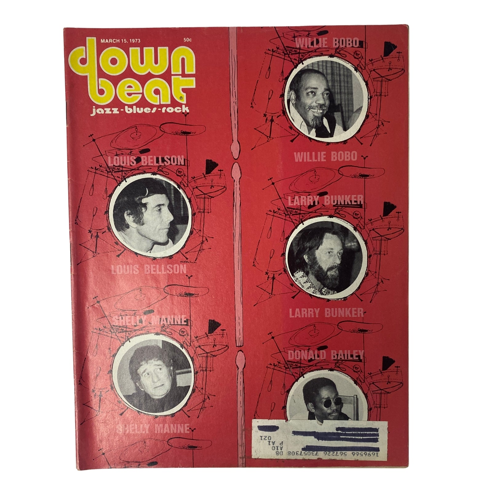 Cover of Down Beat Magazine March 15, 1973, Vol 40 No. 5 featuring famous drummers Louis Bellson, Willie Bobo, Larry Bunker, Shelly Manne, and Donald Bailey. The magazine highlights jazz, blues, and rock music with a vibrant red design.
