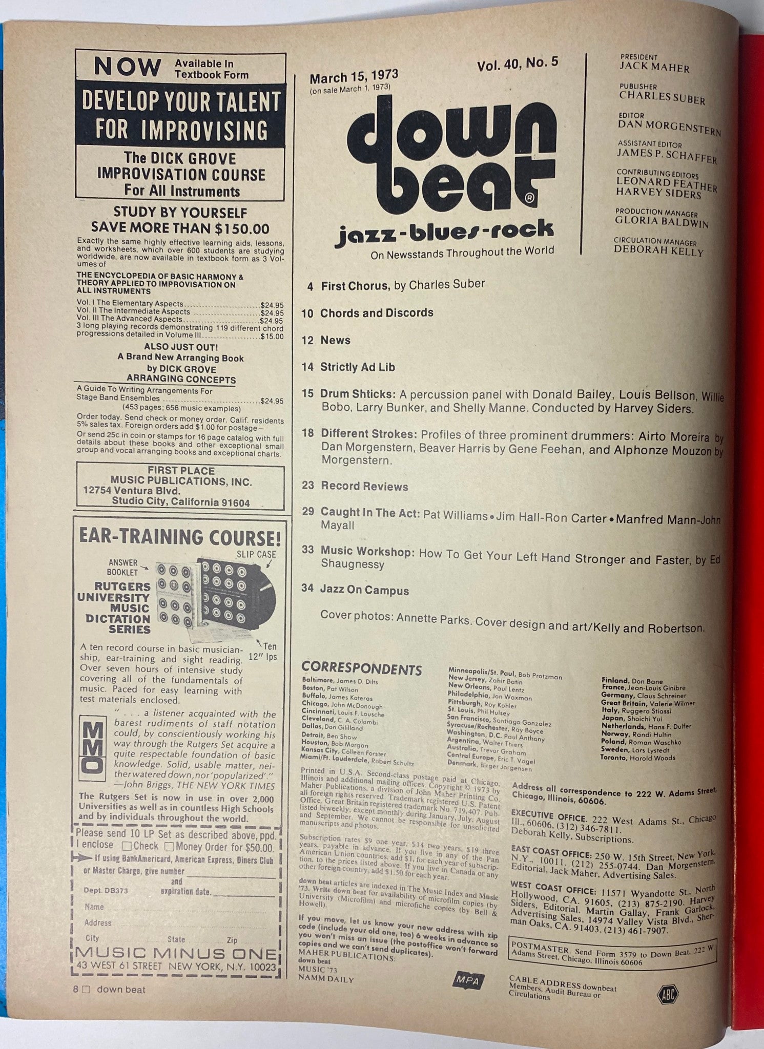 Page from Down Beat Magazine March 15, 1973, Vol 40 No. 5, featuring articles on percussion led by Harvey Siders with notable drummers like Louis Bellson and Willie Bobo, including a table of contents and cover photography credits.