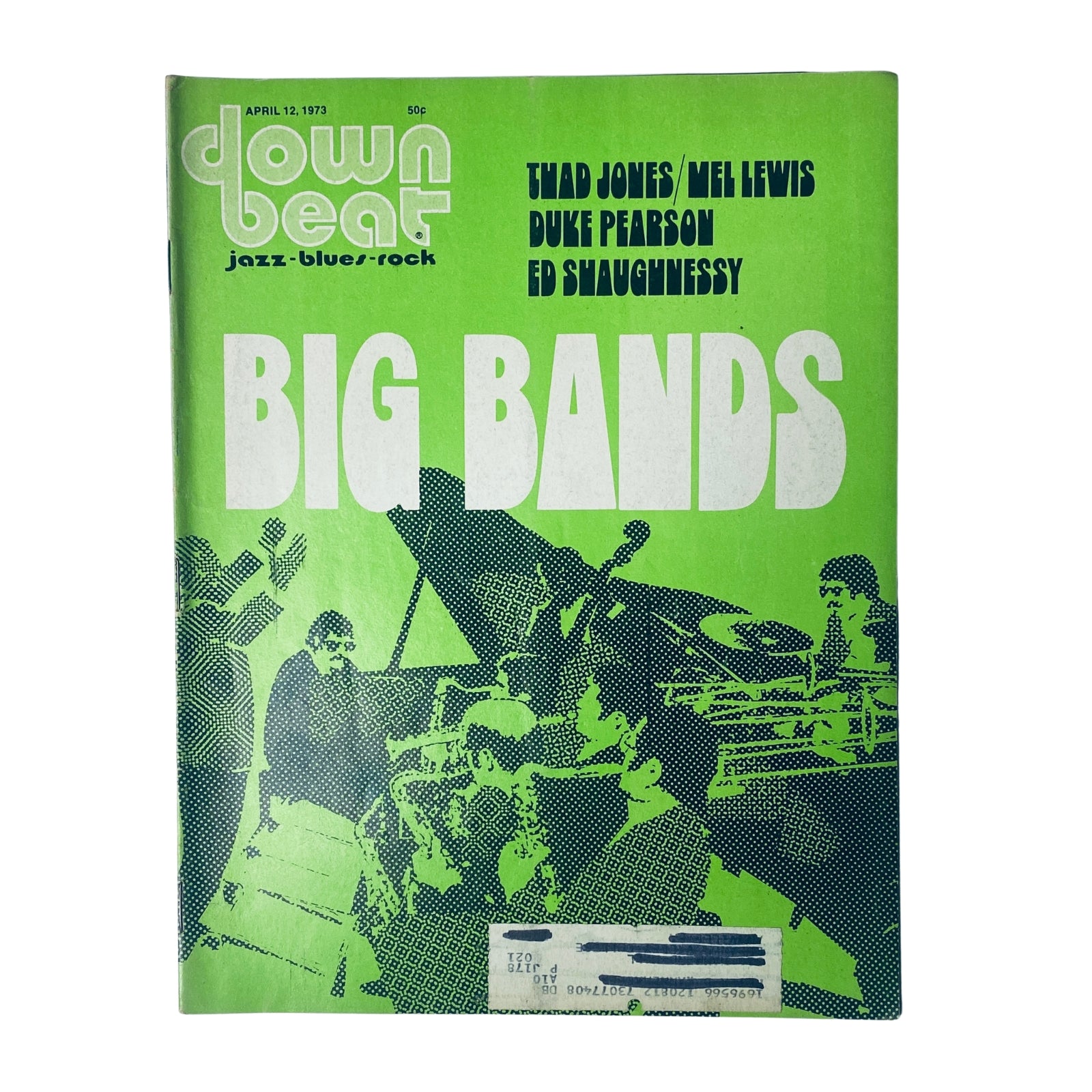 Cover of Down Beat Magazine, April 12, 1973, Vol 40 No. 7 featuring Thad Jones, Mel Lewis, Duke Pearson, and Ed Shaughnessy, showcasing the theme 'Big Bands' with an artistic design.