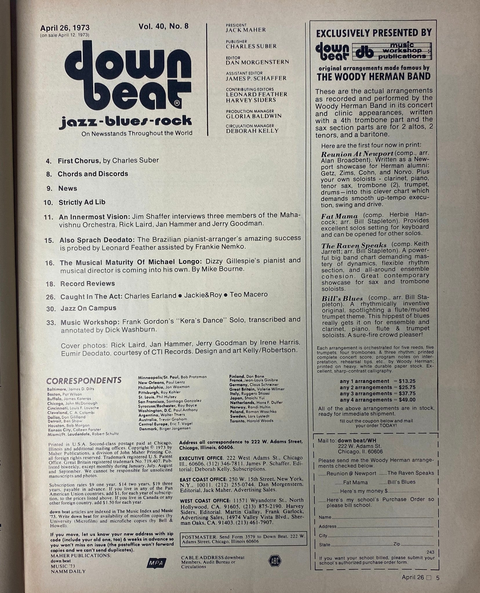 Cover of Down Beat Magazine, April 26, 1973, Vol 40 No. 8 featuring the Mahavishnu Orchestra, including an article by Jim Schaffer with interviews of Rick Laird, Jan Hammer, and Jerry Goodman, highlighting the jazz fusion scene of the early 1970s.