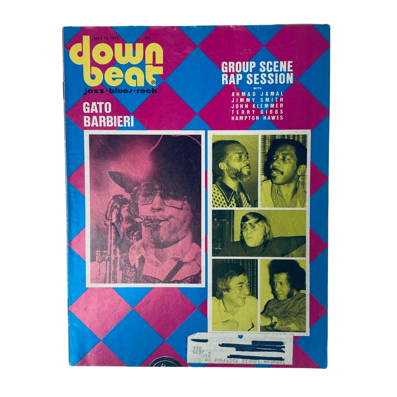 Down Beat Magazine cover from May 10, 1973, featuring Gato Barbieri and a group scene rap session with Ahmad Jamal, Jimmy Smith, John Klemmer, Terry Gibbs, and Hampton Hawes.