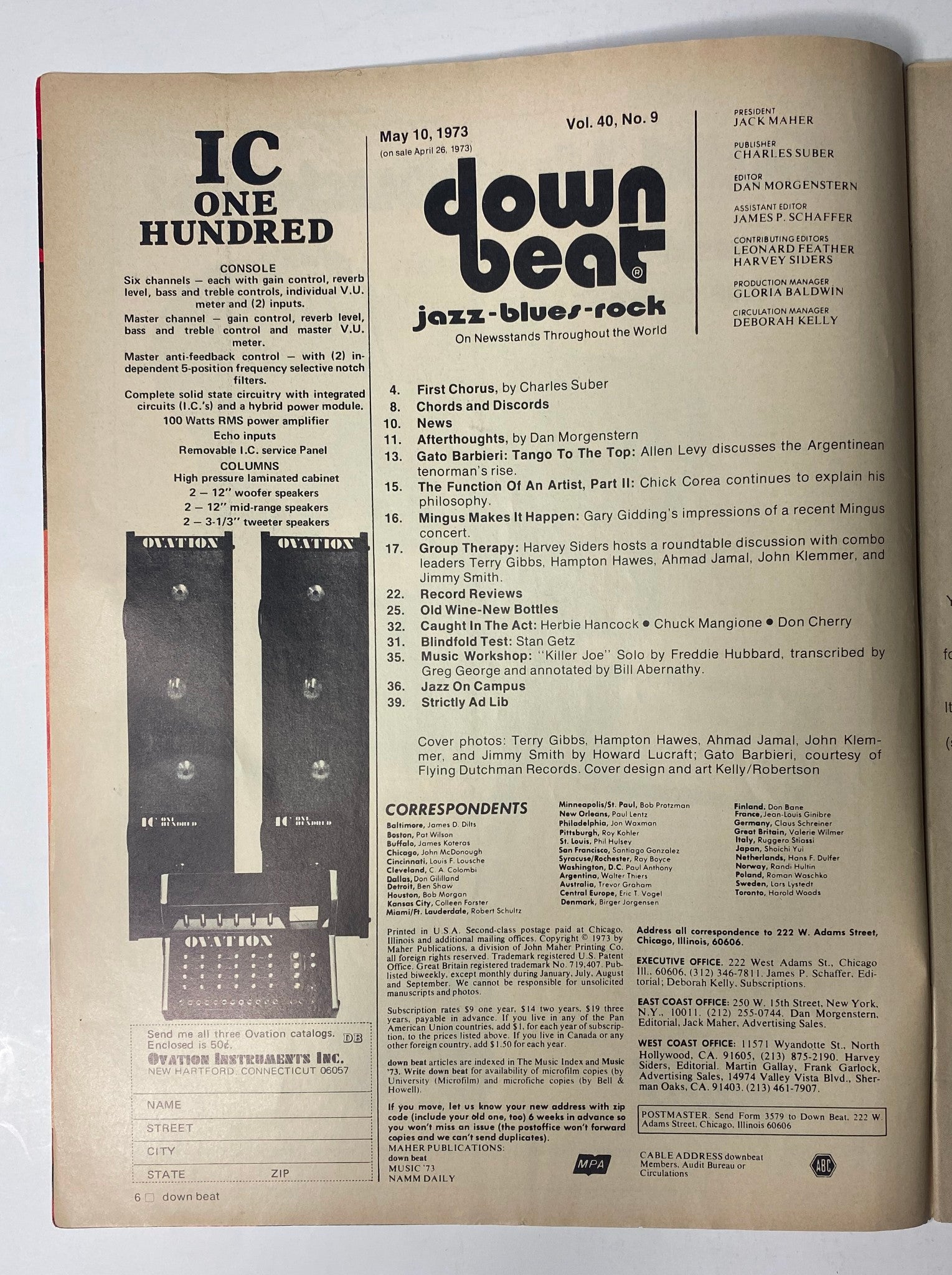Inside page of Down Beat Magazine May 10, 1973, Vol 40 No. 9, displaying the table of contents including features on Gato Barbieri and Ahmad Jamal.