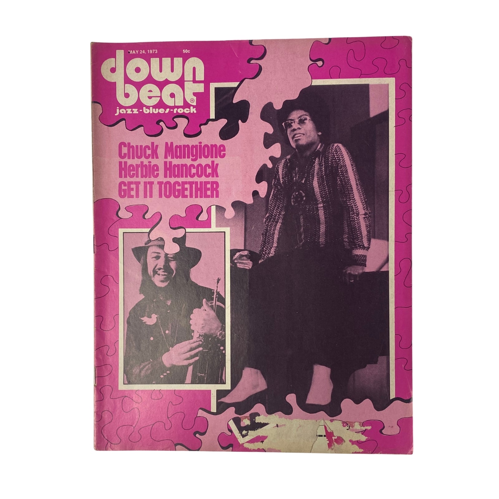 Cover of Down Beat Magazine May 24, 1973 Vol 40 No. 10 featuring Chuck Mangione and Herbie Hancock, showcasing their portraits and the headline 'Get It Together'.