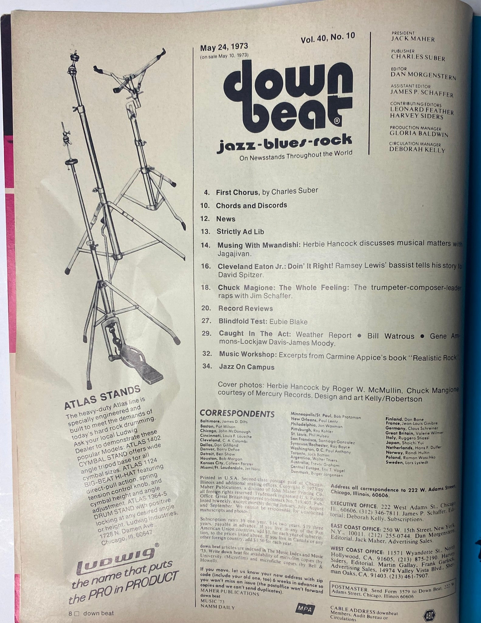 Inside page of Down Beat Magazine May 24, 1973 Vol 40 No. 10, displaying the table of contents including articles by Charles Suber and features on jazz musicians.
