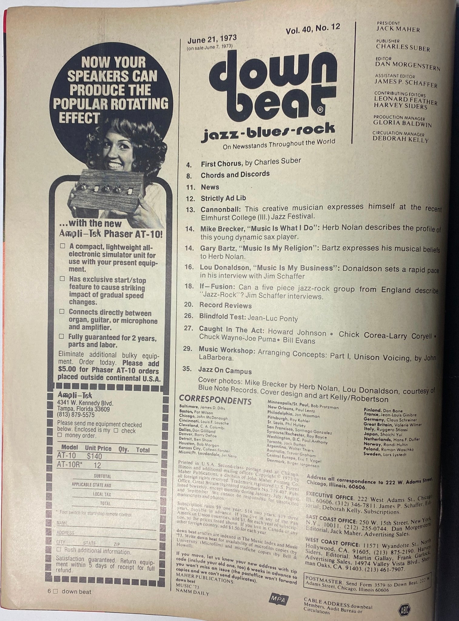 Cover of Down Beat Magazine, June 21, 1973 Vol 40 No. 12 featuring Lou Donaldson and Mike Brecker, highlighting jazz content and interviews with prominent musicians.