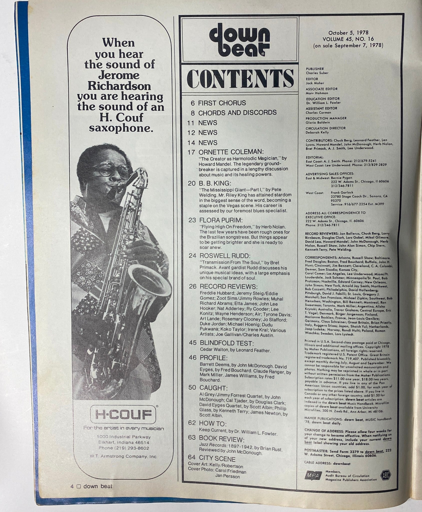 Table of contents of Down Beat Magazine, October 5, 1978, detailing articles featuring Ornette Coleman, Flora Purim, and other notable musicians from the issue.