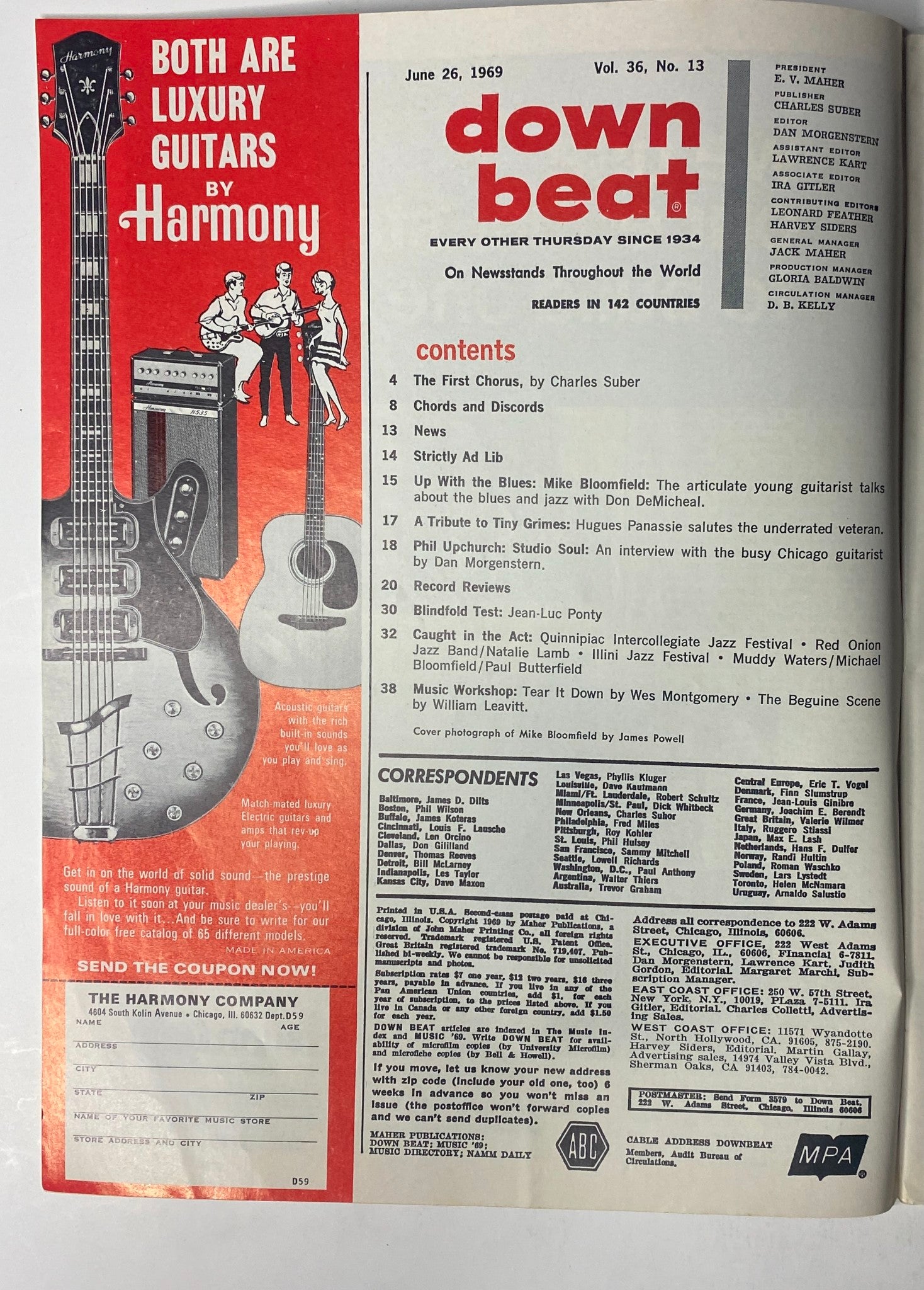 Down Beat Magazine June 26, 1969 Vol 36 No. 13 featuring content on blues and jazz, with guitarist Mike Bloomfield on the cover. Includes an interview with Bloomfield and tributes to Tiny Grimes and Phil Upchurch.