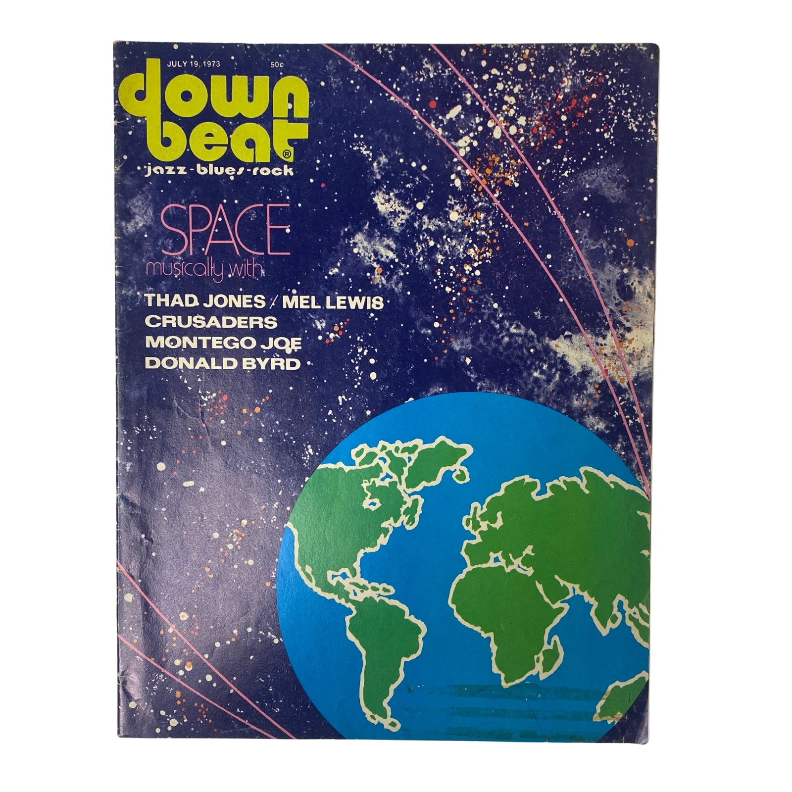 Cover of Down Beat Magazine, July 19, 1973, Vol 40 No. 13 featuring a colorful design and Earth illustration, with a feature on Thad Jones and Mel Lewis.