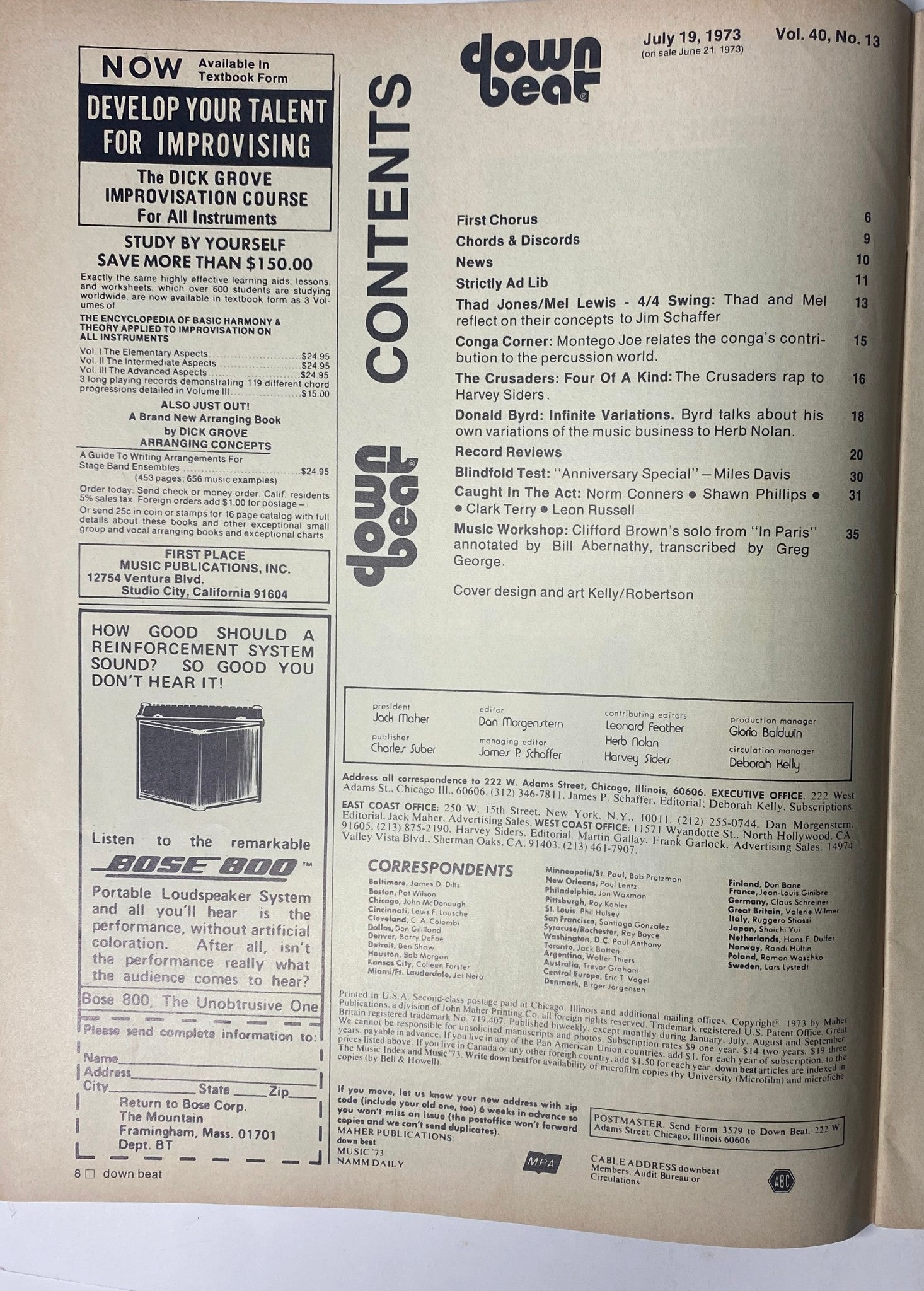 Contents page of Down Beat Magazine, July 19, 1973, Vol 40 No. 13 listing articles including features on Thad Jones, Mel Lewis, The Crusaders, and Donald Byrd.