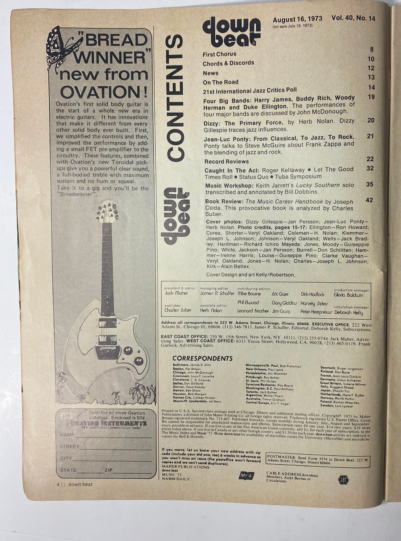 Contents page of Down Beat Magazine, August 16, 1973, Vol 40 No. 14 featuring jazz artists Dizzy Gillespie and Jean-Luc Ponty, promoting a guitar and showcasing articles related to jazz innovations and critiques.