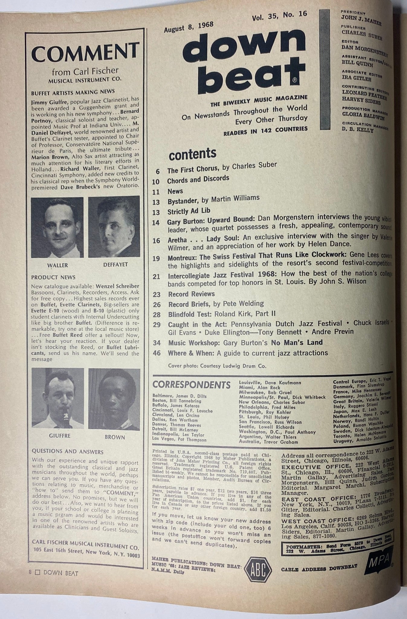 Down Beat Magazine August 8, 1968 Vol 35 No. 16 featuring Gary Burton on the cover, includes articles on jazz music such as interviews, news, and record reviews.
