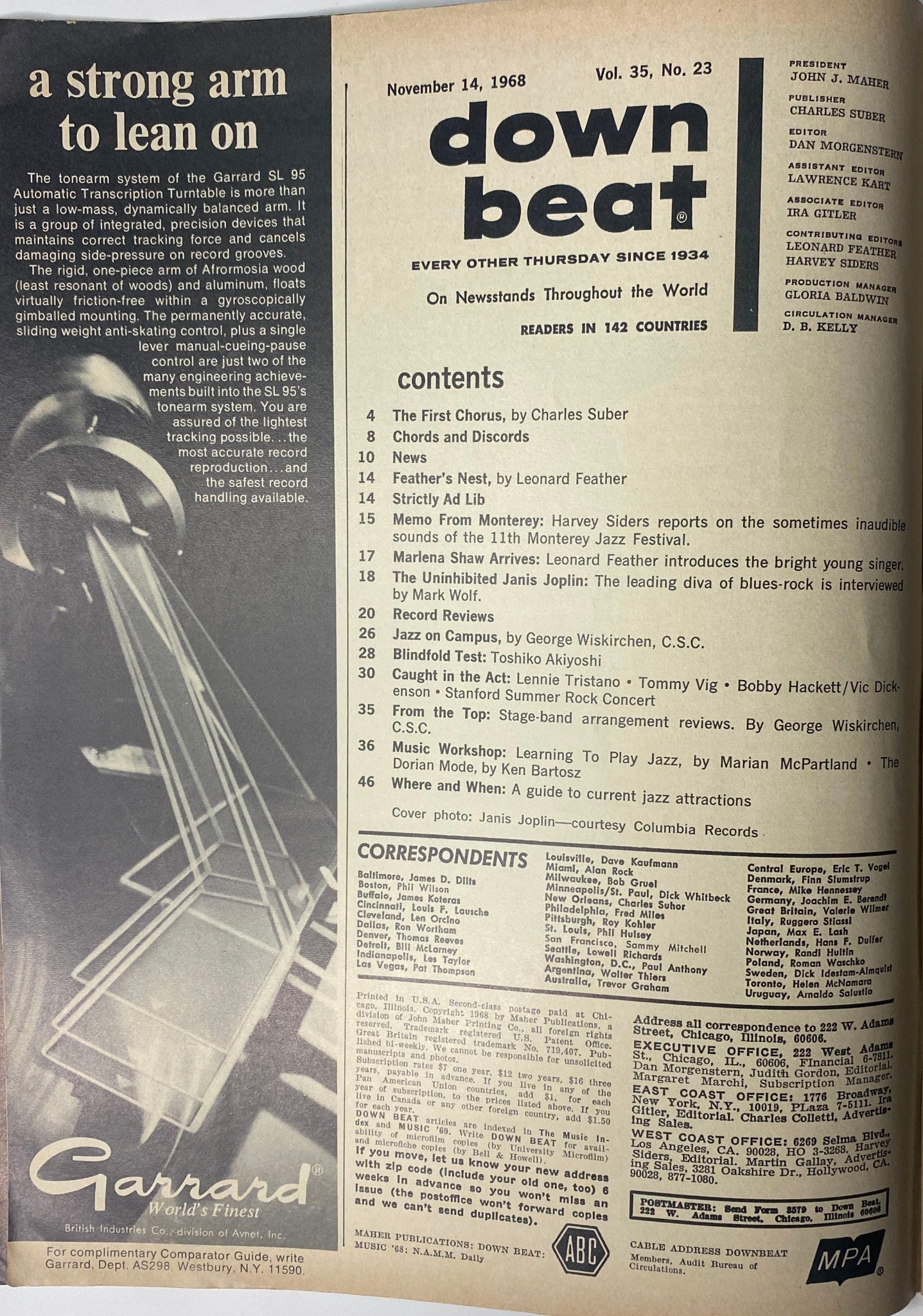 Contents page of Down Beat Magazine, November 14, 1968, Vol 35 No. 23, featuring the titles of articles including 'The First Chorus' and 'Marlena Shaw', reflecting the magazine's extensive coverage of jazz and music events.