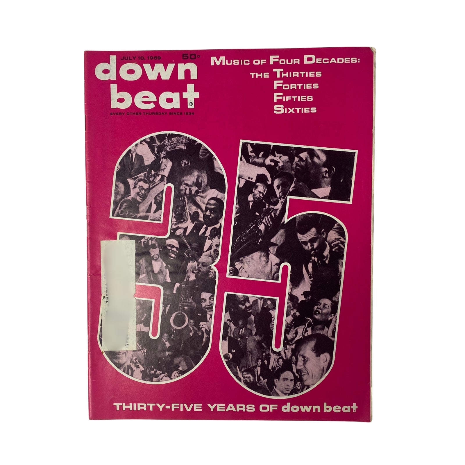 Cover of Down Beat Magazine July 10, 1969 Vol 36 No 14, featuring a montage celebrating Thirty-Five Years of Down Beat, showcasing vibrant jazz imagery.