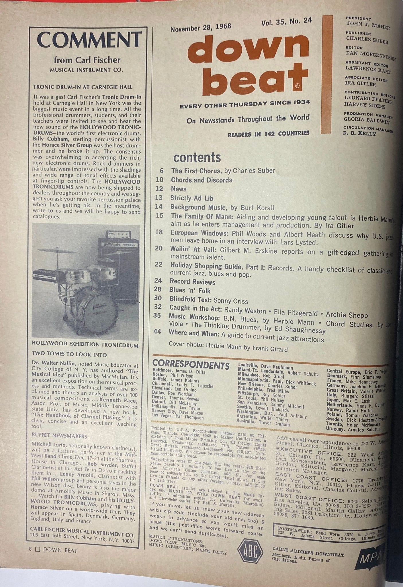 Inside page of Down Beat Magazine, November 28, 1968, Vol 35 No. 24, with contents and commentary including sections on jazz artists like Herbie Mann and Phil Woods.