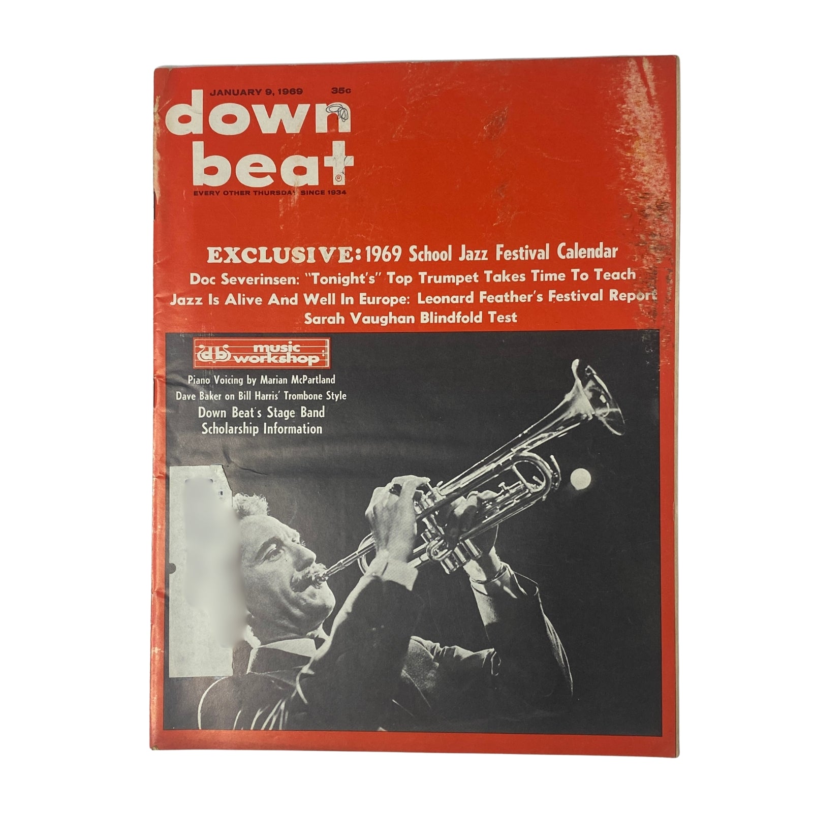 Cover of Down Beat Magazine from January 9, 1969, featuring Doc Severinsen on trumpet, highlighting articles on the 1969 School Jazz Festival Calendar, and commentary on jazz and blues.