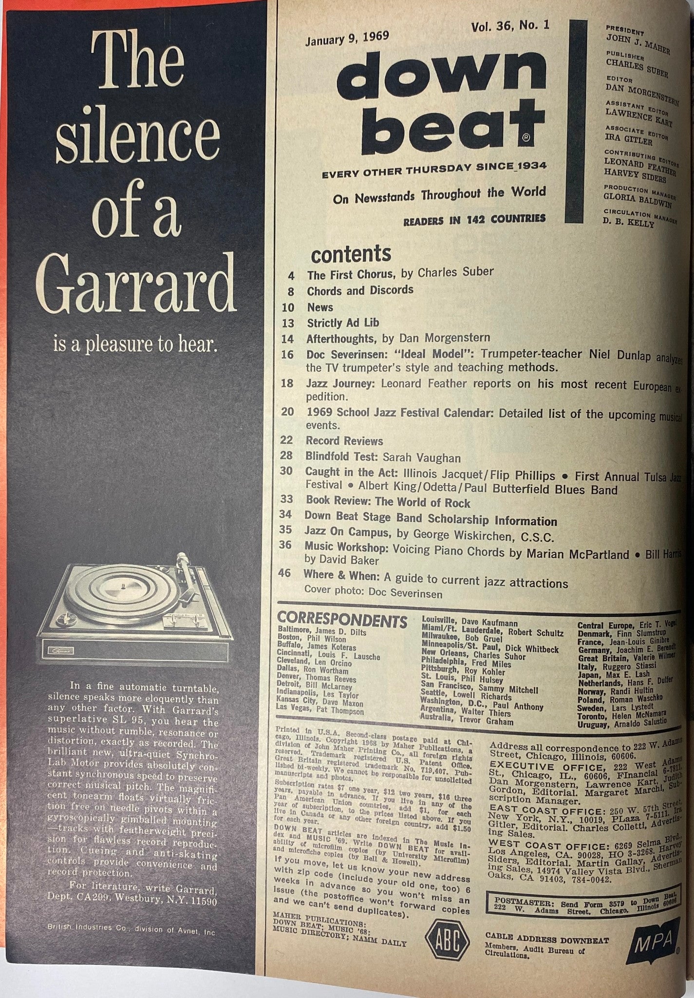 Cover page of Down Beat Magazine, January 9, 1969, Vol 36 No. 1 featuring a prominent article on Doc Severinsen and the table of contents highlighting various music articles and features.