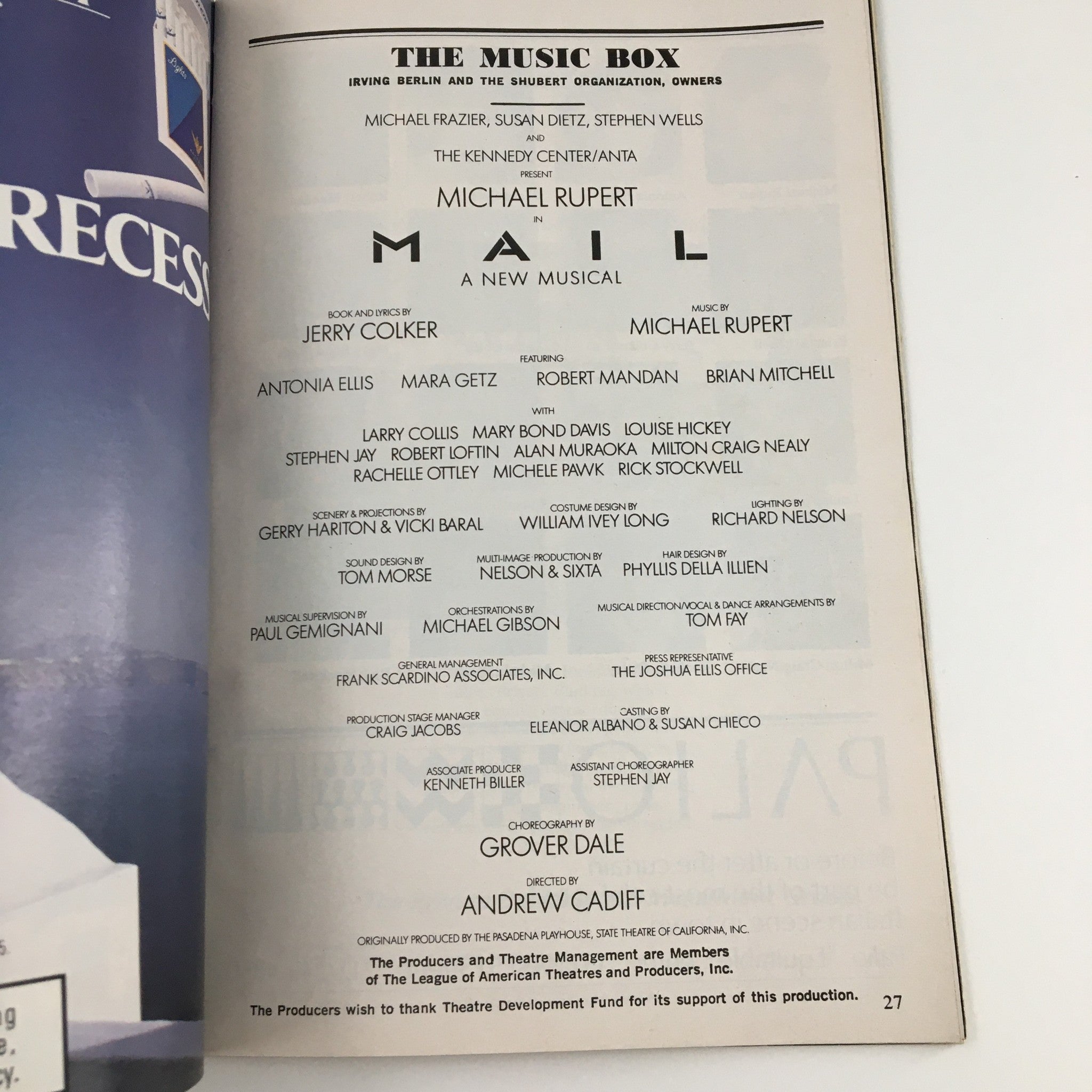 1988 Playbill The Music Box The Kennedy Center Present Michael Rupert in Mail