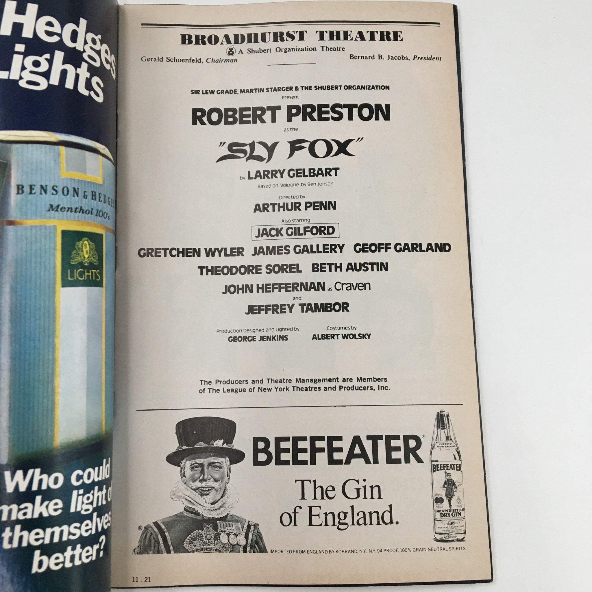 1977 Playbill Broadhurst Theatre Present Robert Preston as the Sly Fox