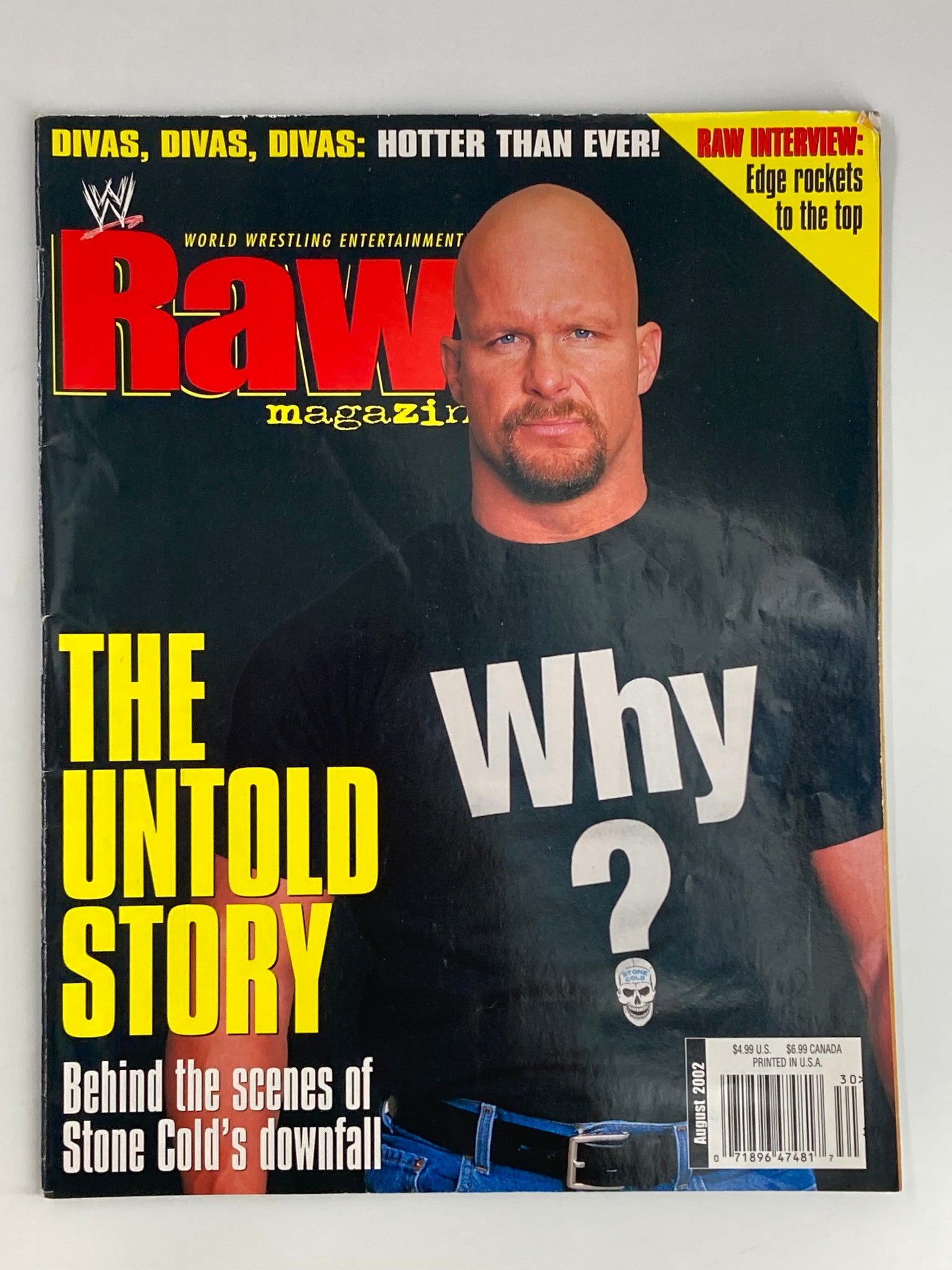 WWE Raw Magazine August 2002 featuring Steve Austin on the cover, showcasing the title 'The Untold Story' and an image of Austin in a black shirt with the question 'Why?'.