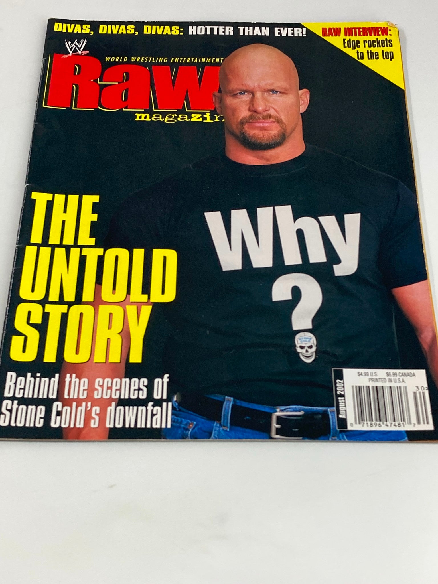 Close-up view of WWE Raw Magazine August 2002 cover, highlighting Steve Austin with the title 'The Untold Story' and his iconic statement 'Why?'. A great collectible for wrestling fans.