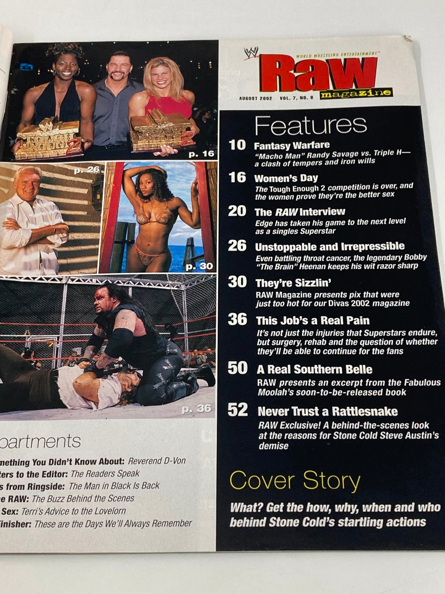 Inside page of WWE Raw Magazine August 2002 displaying featured sections including 'The Untold Story' about Steve Austin and various matches, providing insights into professional wrestling during that era.