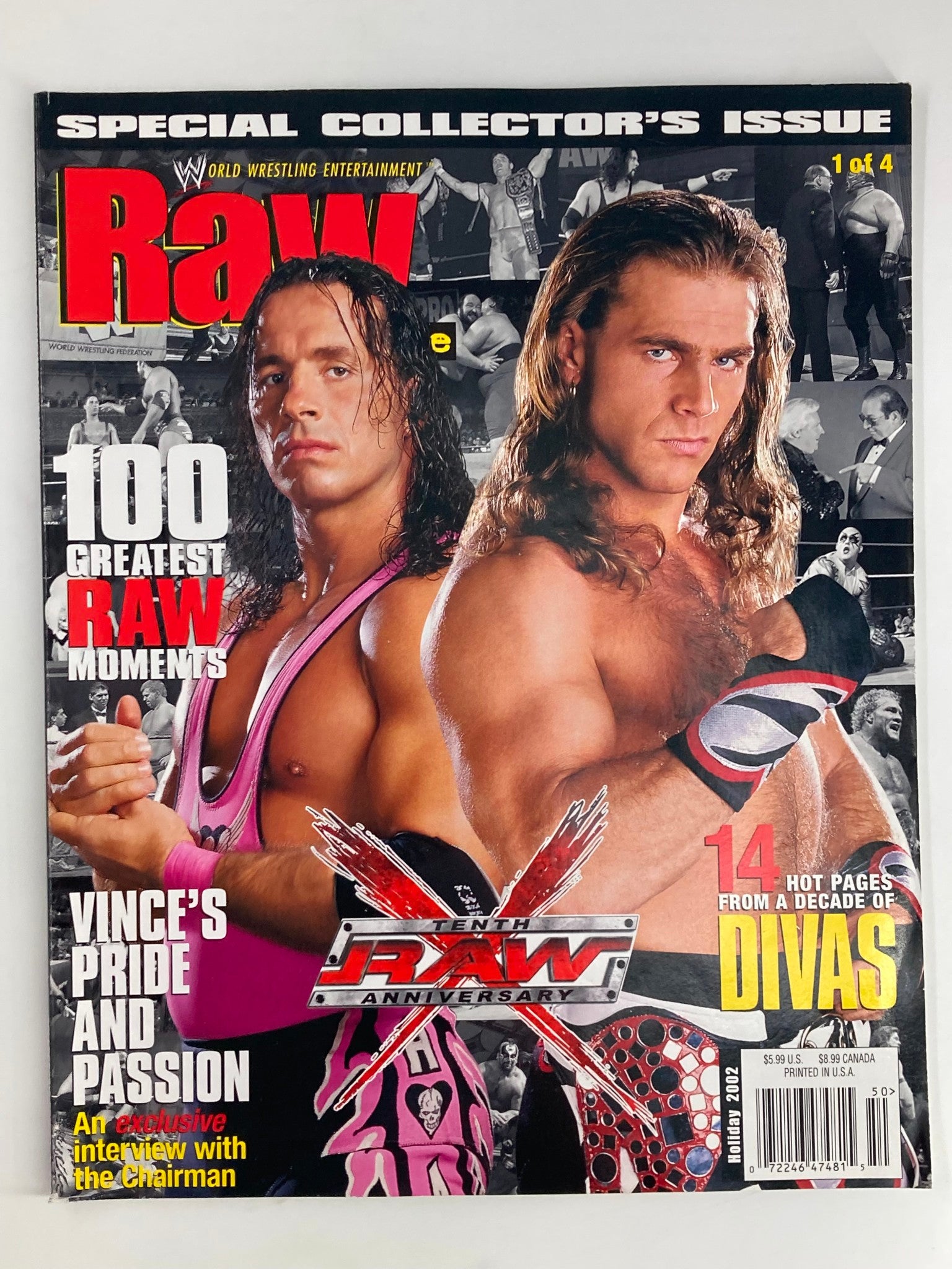 WWE Raw Magazine Holiday 2002 cover featuring wrestlers with the title 'Vince's Pride and Passion'. Highlights include '100 Greatest RAW Moments' and '14 Hot Pages from a Decade of Divas'. Special Collectors Issue.