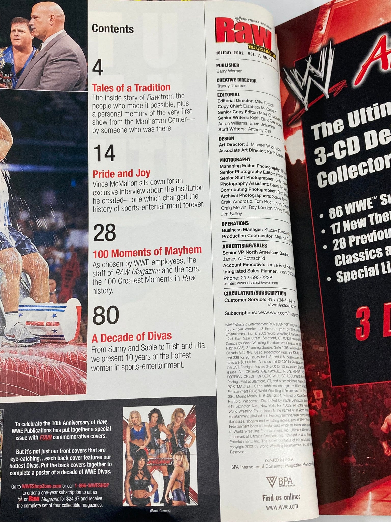 WWE Raw Magazine Holiday 2002 contents page showcasing sections including 'Tales of a Tradition', 'Pride and Joy', '100 Moments of Mayhem', and 'A Decade of Divas'. This magazine features insights into Vince's Pride and Passion in professional wrestling.
