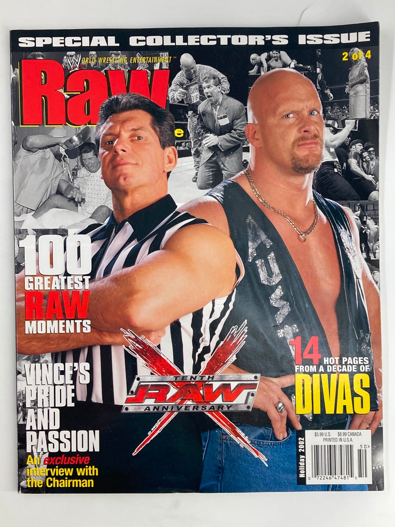WWE Raw Magazine Holiday 2002 featuring Vince McMahon and Steve Austin on the cover, showcasing iconic wrestling moments.