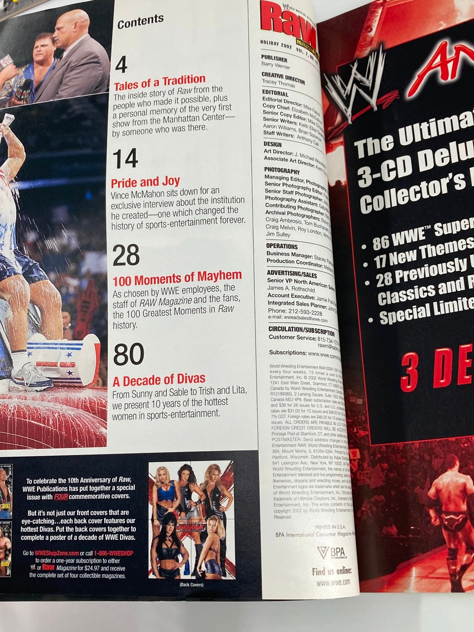 Inside page of WWE Raw Magazine Holiday 2002 displaying the table of contents, highlighting wrestling features and iconic moments.