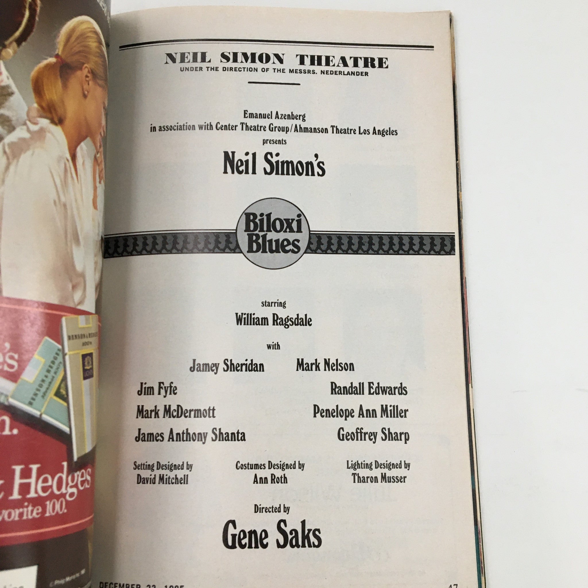 1985 Playbill Neil Simon Theatre Biloxi Blues William Ragsdale by Gene Saks