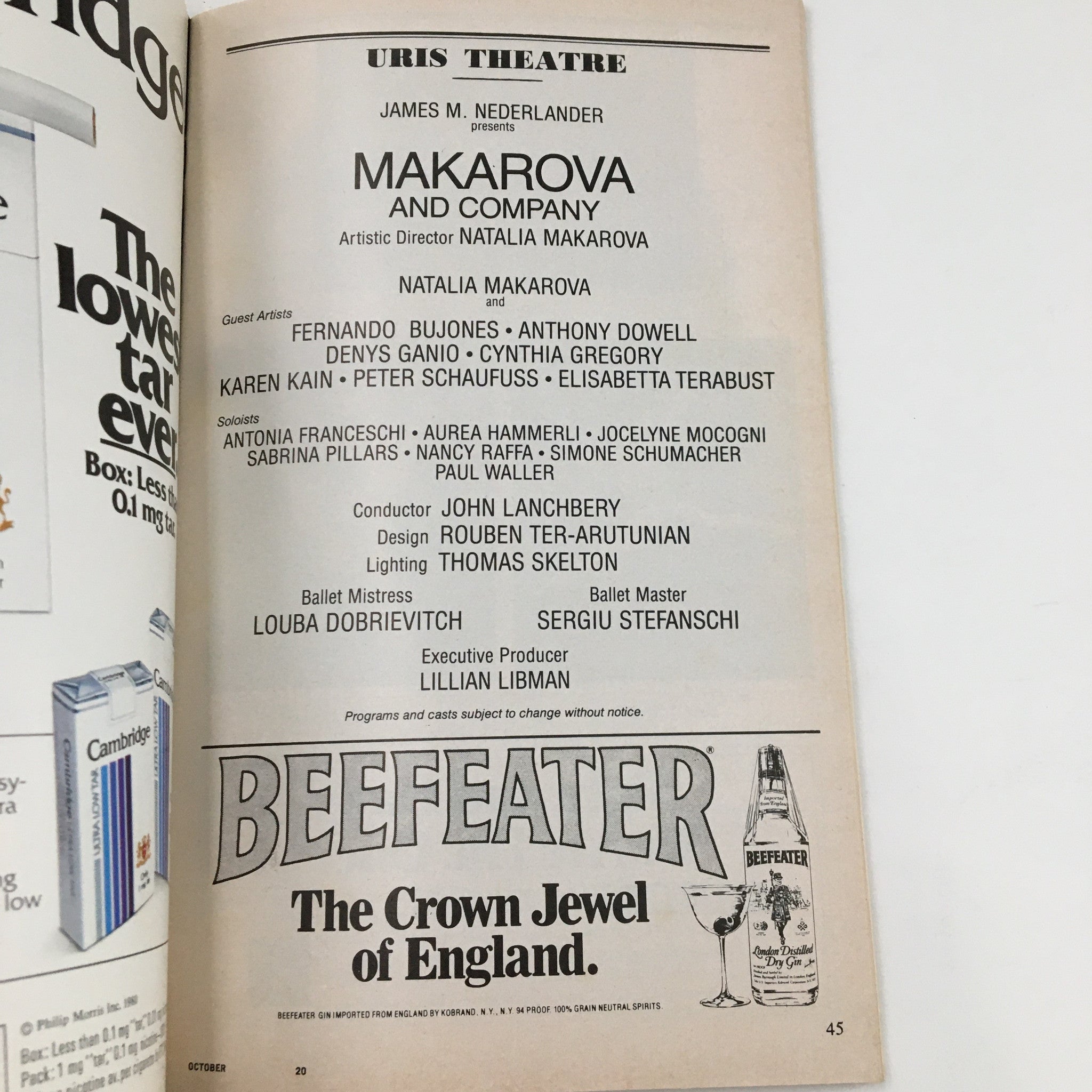 1980 Playbill Uris Theatre James M. Nederlander Present Makarova and Company