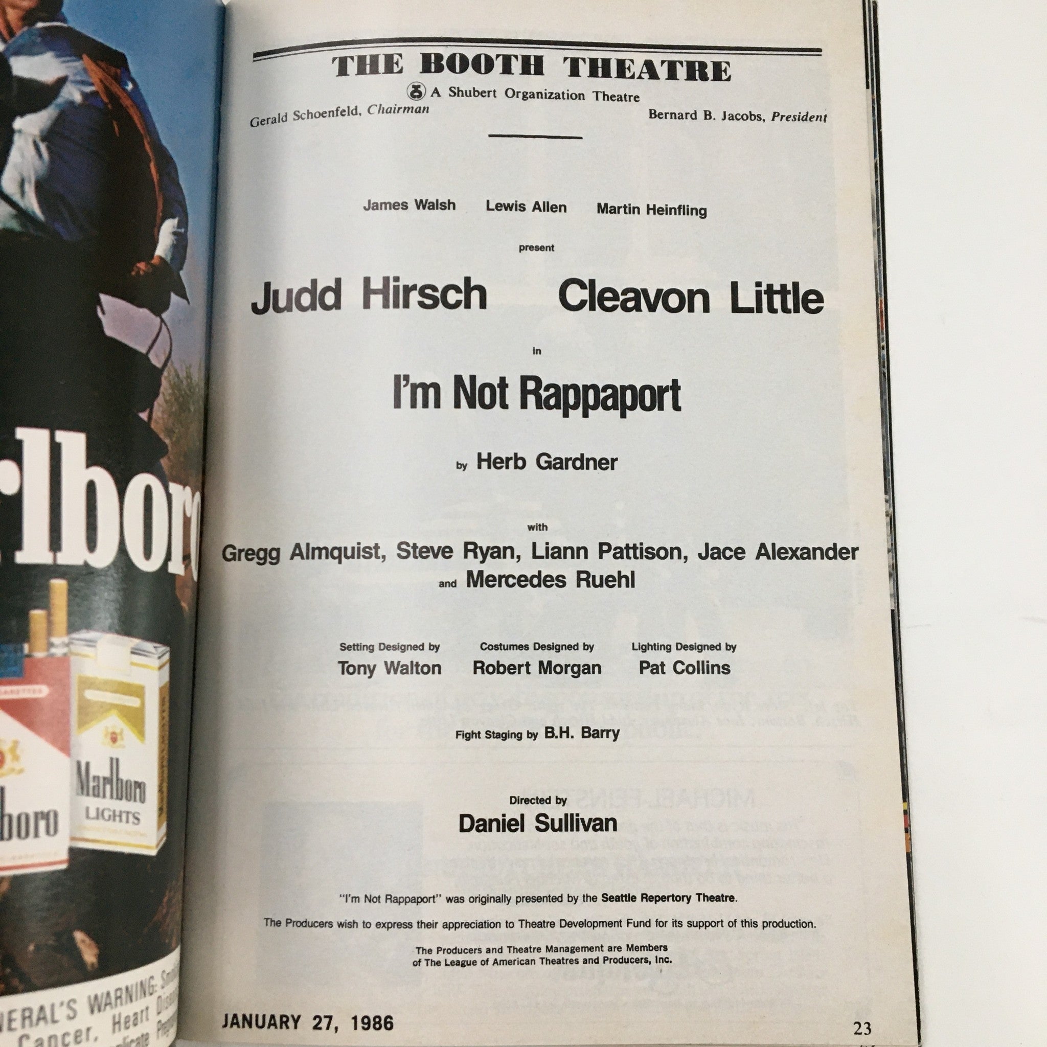 1986 Playbill The Booth Theatre I'm Not Rappaport by Herb Gardner