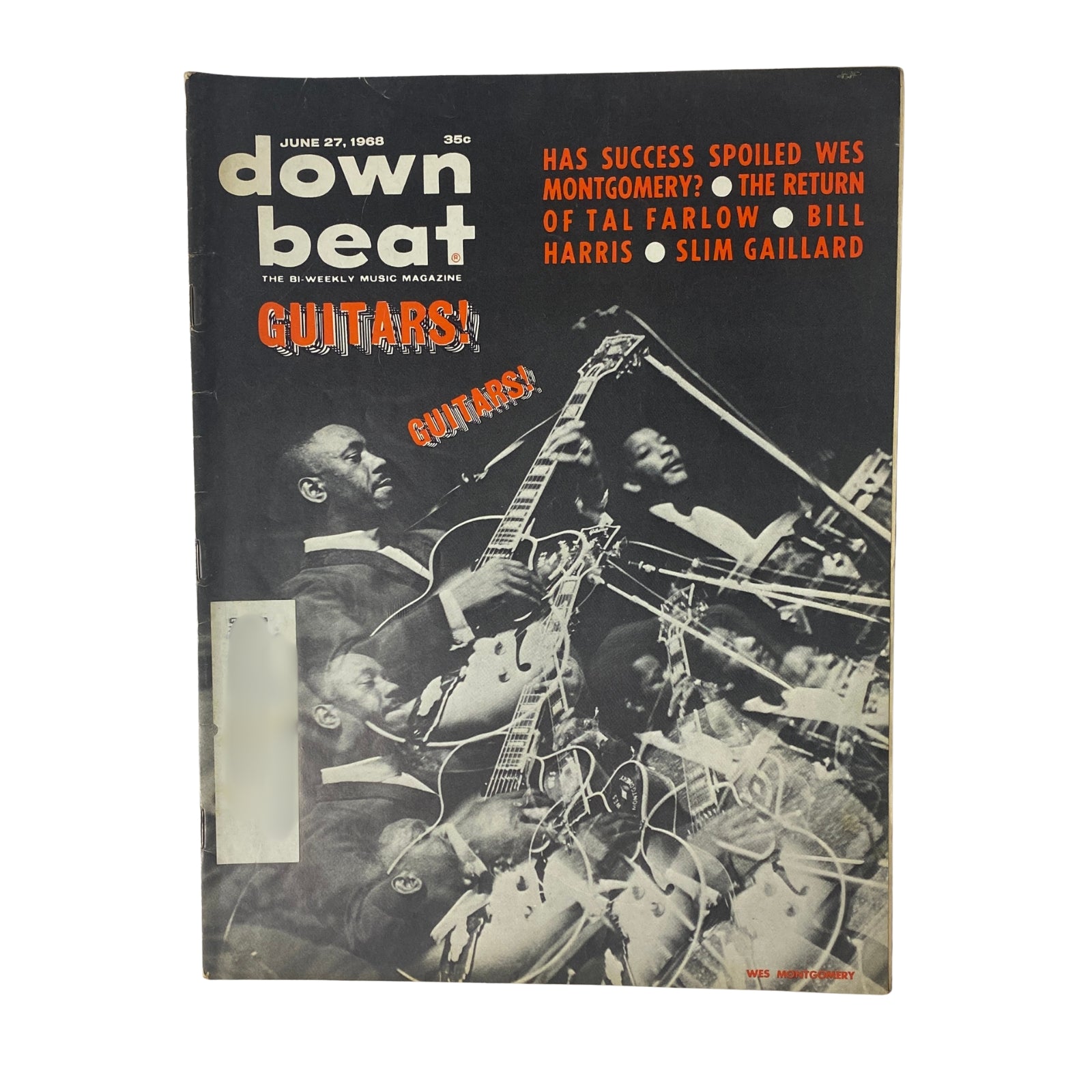 Cover of Down Beat Magazine, June 27, 1968, Vol 35 No. 13 featuring notable guitarists including Wes Montgomery and Bill Harris with the headline 'GUITARS!' highlighting music articles and interviews.