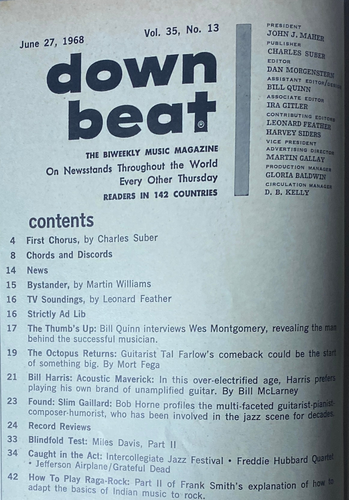 Cover of Down Beat Magazine June 27, 1968 Vol. 35 No. 13 featuring articles on Wes Montgomery and Bill Harris, including insights into their music and contributions to jazz.