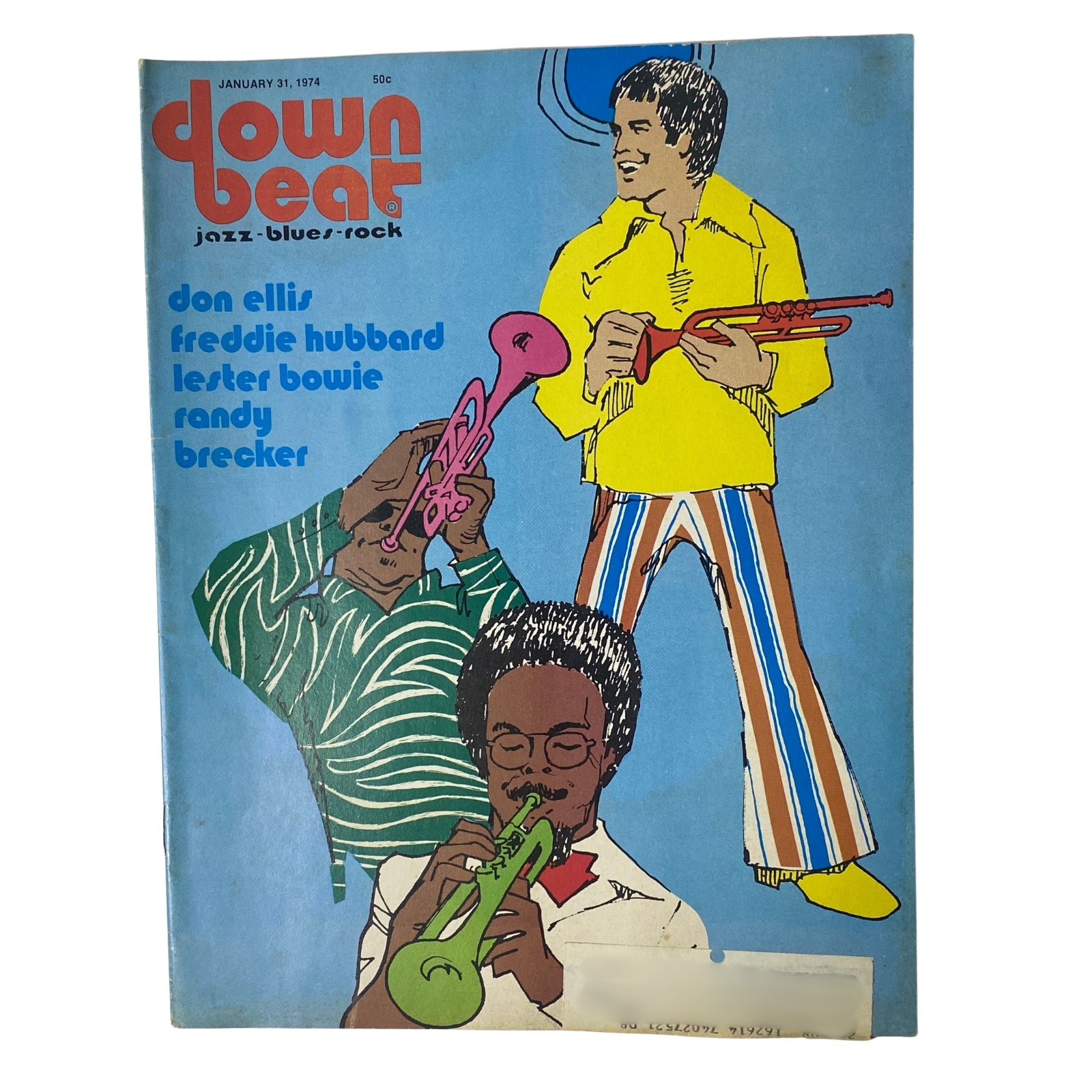 Cover of Down Beat Magazine January 31, 1974 Vol 41 No. 2 featuring Don Ellis, Freddie Hubbard, Lester Bowie, and Randy Brecker, showcasing an illustration of musicians playing brass instruments.
