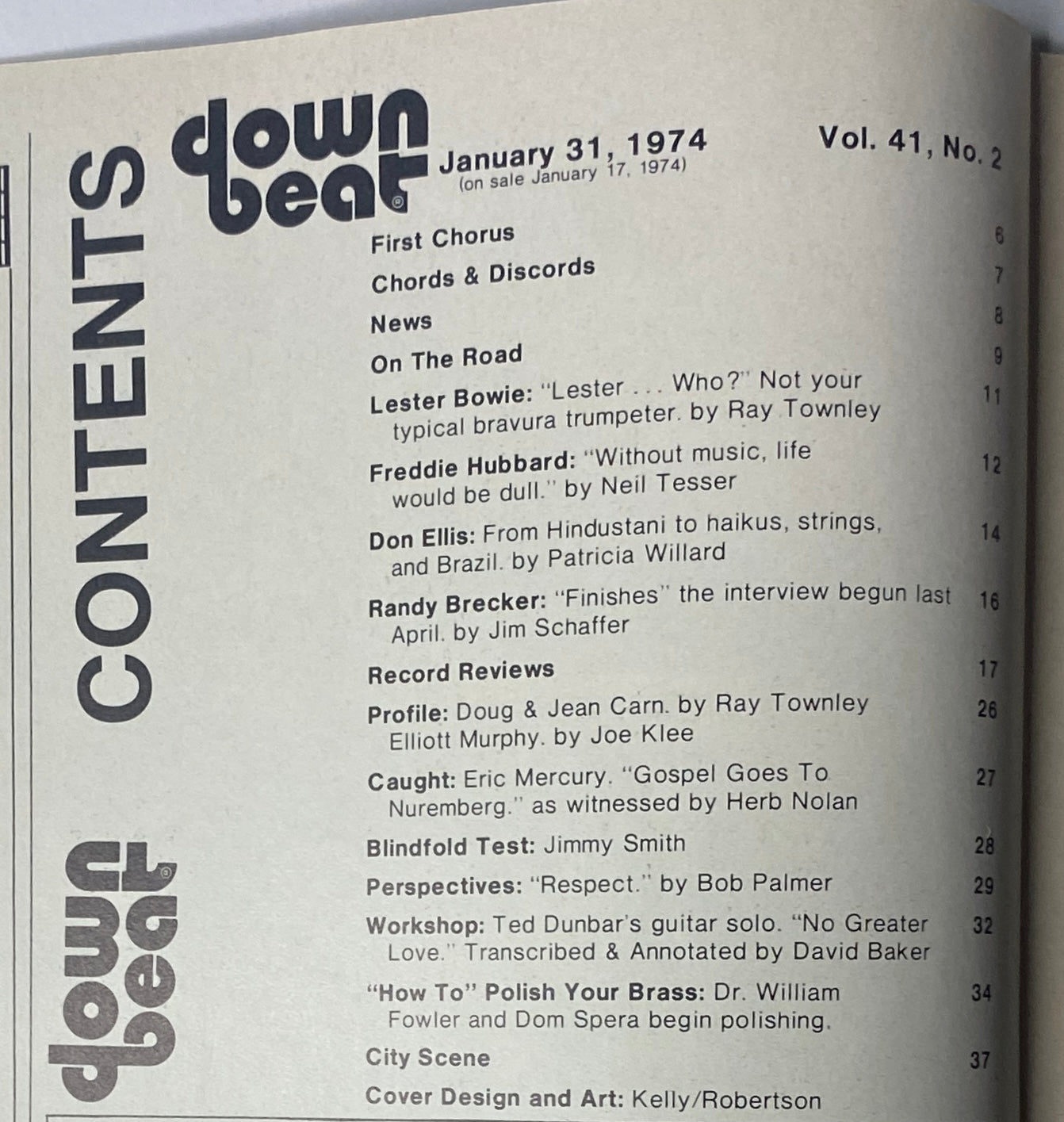 Table of Contents for Down Beat Magazine January 31, 1974 Vol 41 No. 2, listing features, articles, and profiles including those on Don Ellis and Freddie Hubbard.