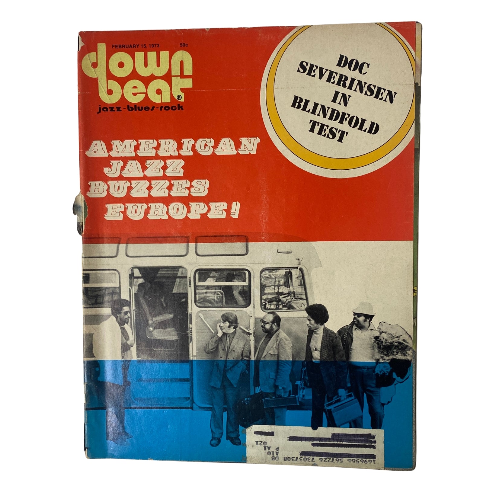 Cover of Down Beat Magazine February 15, 1973 Vol 40 No. 3 featuring Leonard Feather. The cover highlights 'Doc Severinsen in Blindfold Test' and discusses American jazz in Europe.