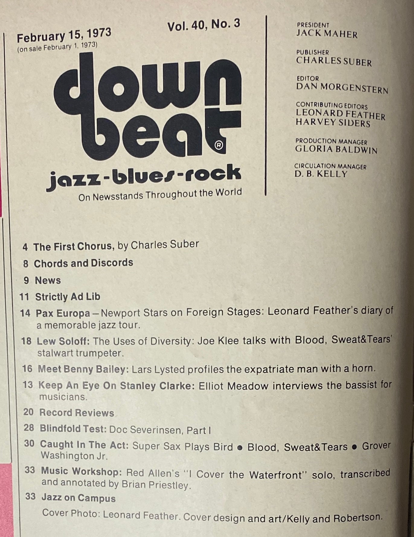 Table of Contents from Down Beat Magazine February 15, 1973 Vol 40 No. 3 detailing features such as Pax Europa by Leonard Feather and interviews with jazz musicians.