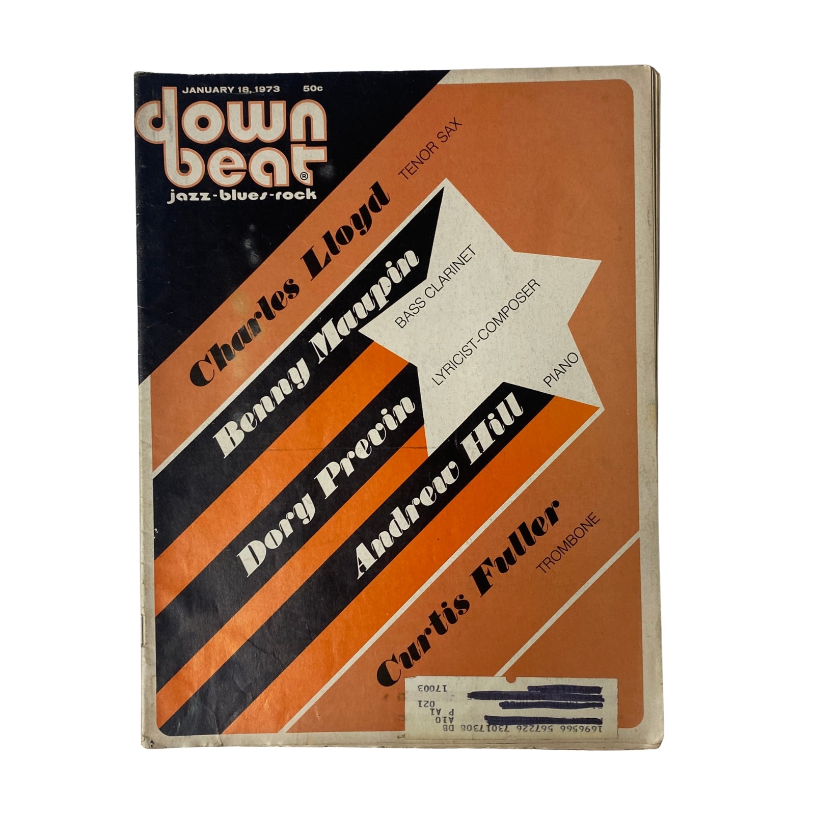 Cover of Down Beat Magazine, January 18, 1973, Volume 40, Number 1 featuring Charles Lloyd, Benny Maupin, Dory Previn, Andrew Hill, and Curtis Fuller, showcasing jazz, blues, and rock highlights.