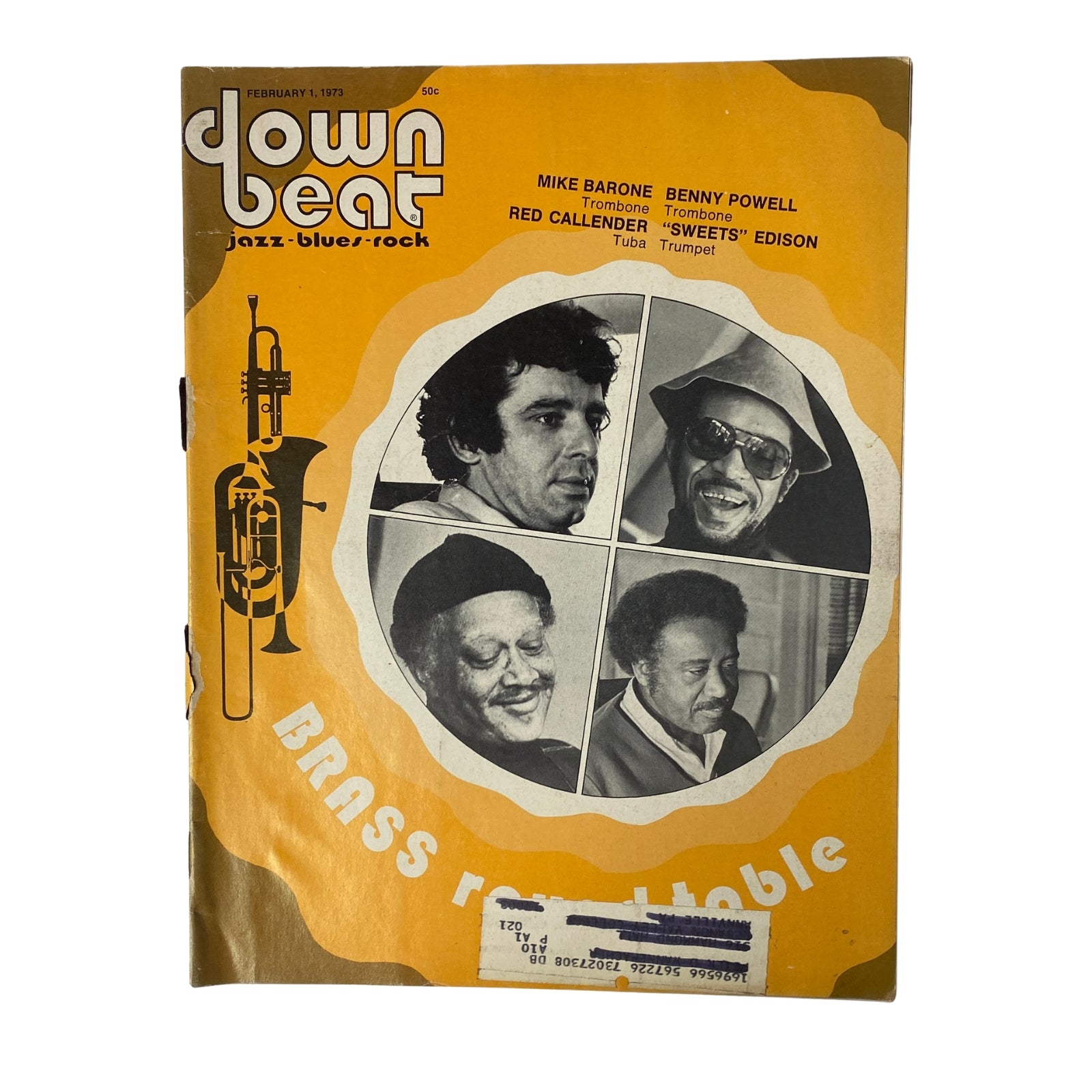 Cover of Down Beat Magazine, February 1, 1973, Vol. 40 No. 2 featuring Mike Barone and Benny Powell alongside Red Callender and Sweets Edison, showcasing a brass roundtable discussion.