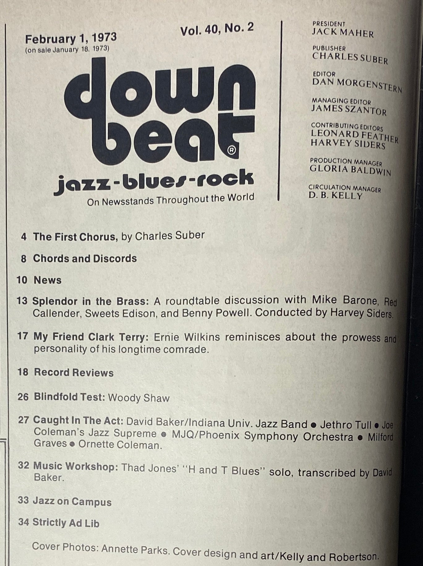 Table of Contents from Down Beat Magazine, February 1, 1973, Vol. 40 No. 2, highlighting articles including 'The First Chorus' and features on the brass tradition and performances.