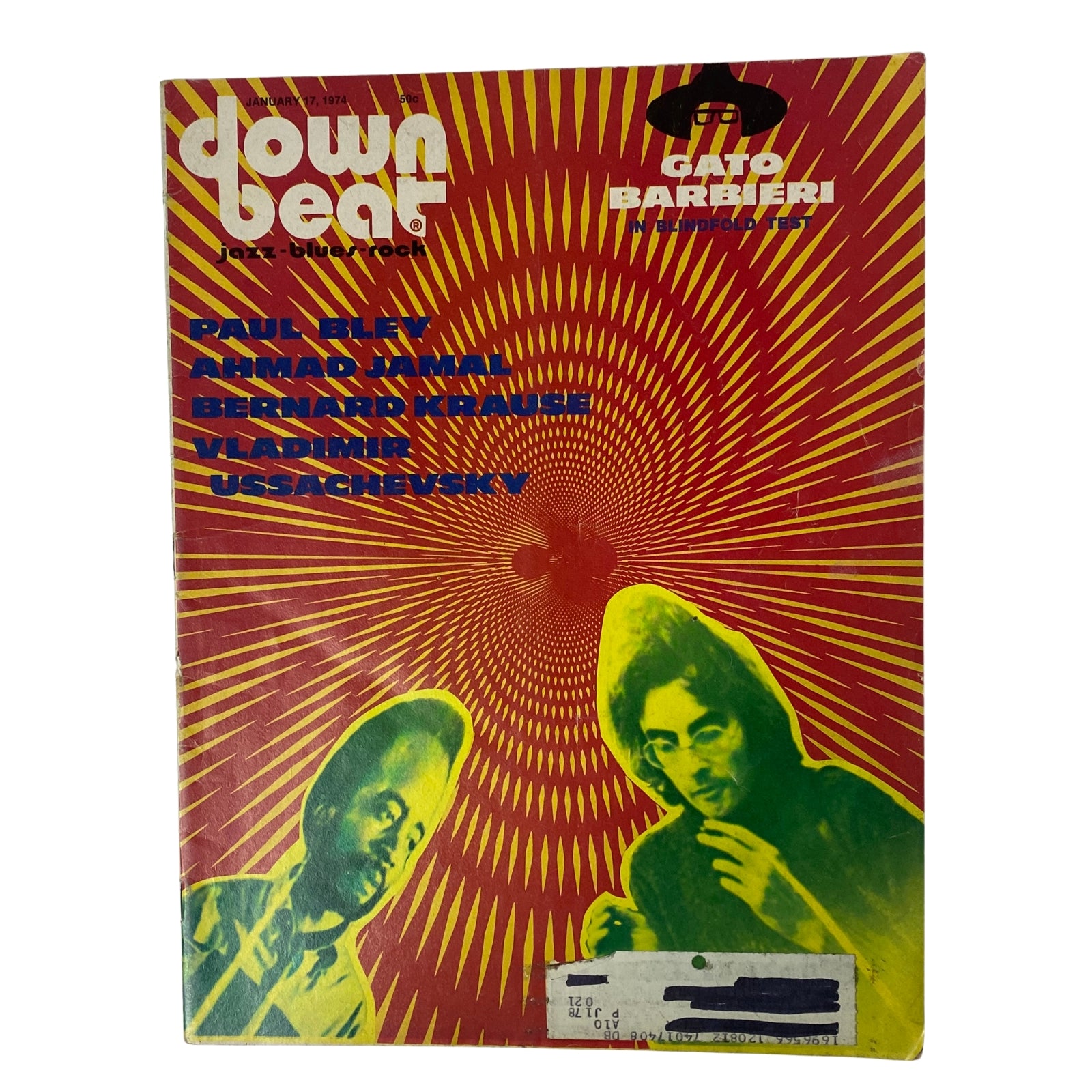 Cover of Down Beat Magazine January 17, 1974 Vol 41 No. 1 featuring Ahmad Jamal and Paul Bley with vibrant design and Gato Barbieri highlight.