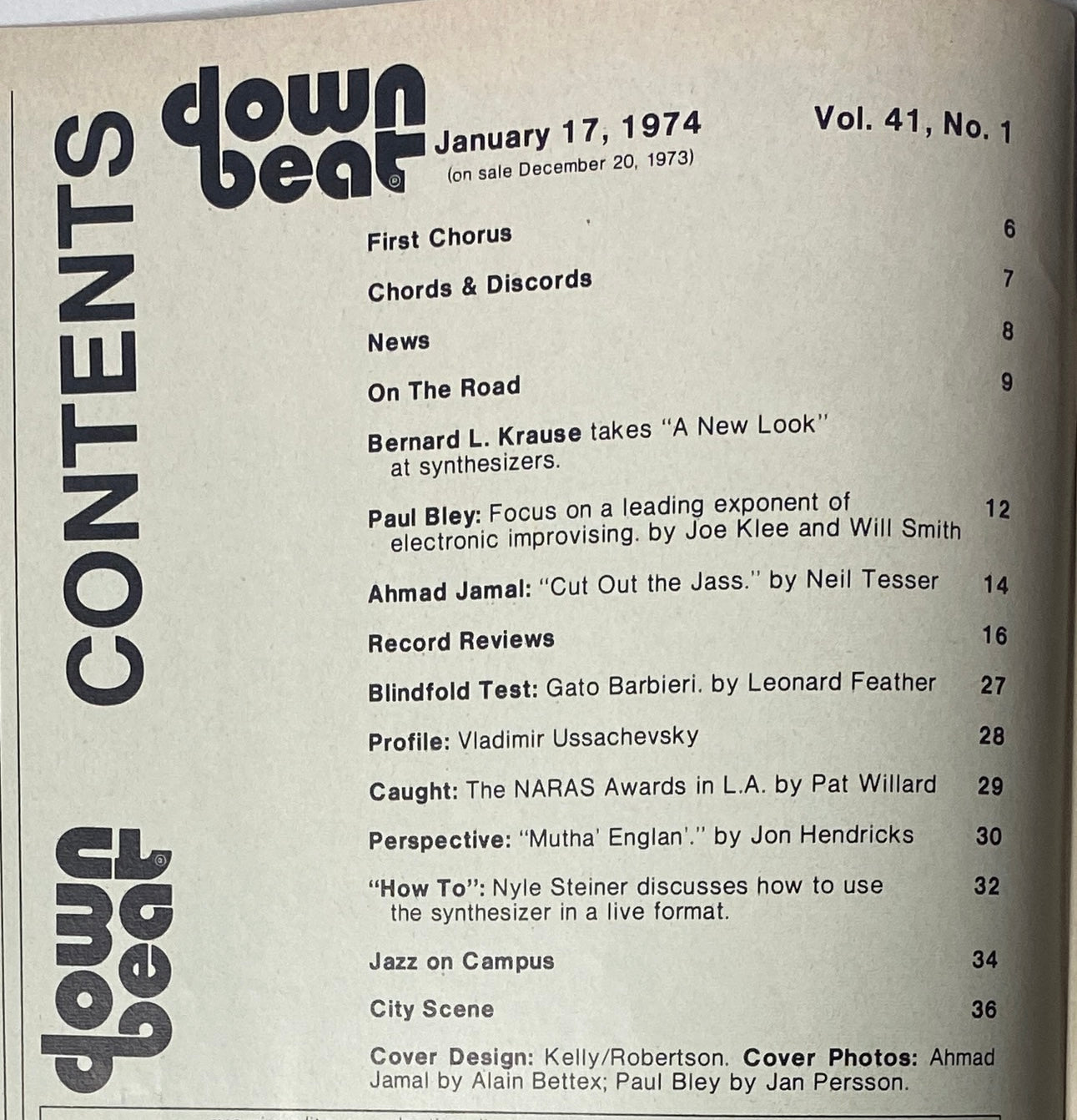 Table of contents from Down Beat Magazine January 17, 1974 Vol 41 No. 1 listing featured articles including Ahmad Jamal and Paul Bley profiles.