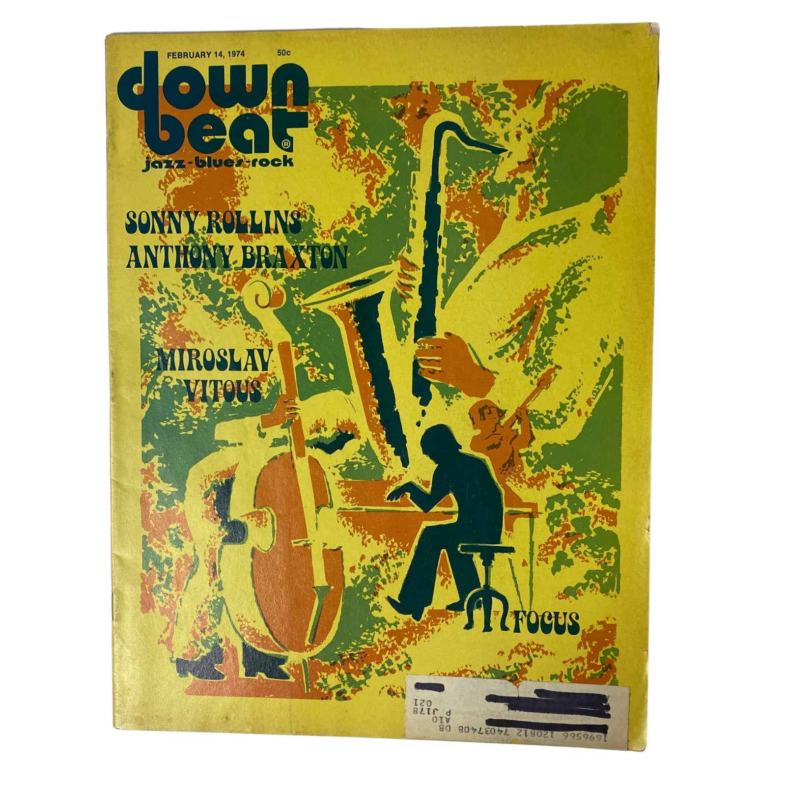 Cover of Down Beat Magazine February 14, 1974 Vol 41 No. 3 featuring Sonny Rollins and Anthony Braxton, with a colorful abstract design.