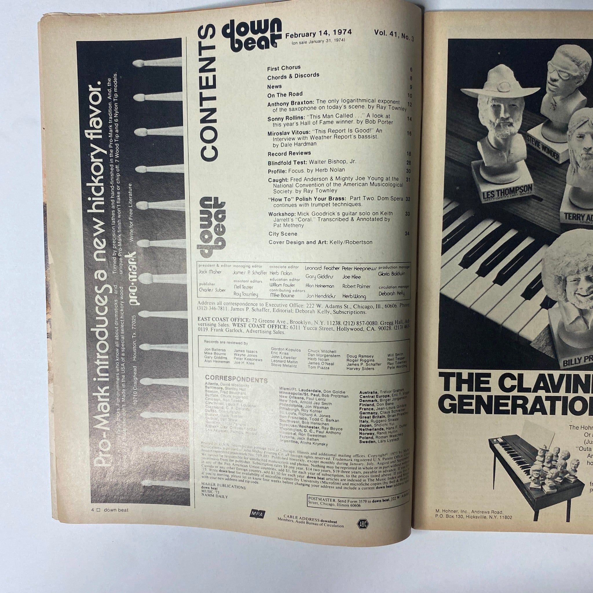 Inside page of Down Beat Magazine February 14, 1974 Vol 41 No. 3 displaying table of contents along with article highlights, including profiles on Sonny Rollins and Anthony Braxton.