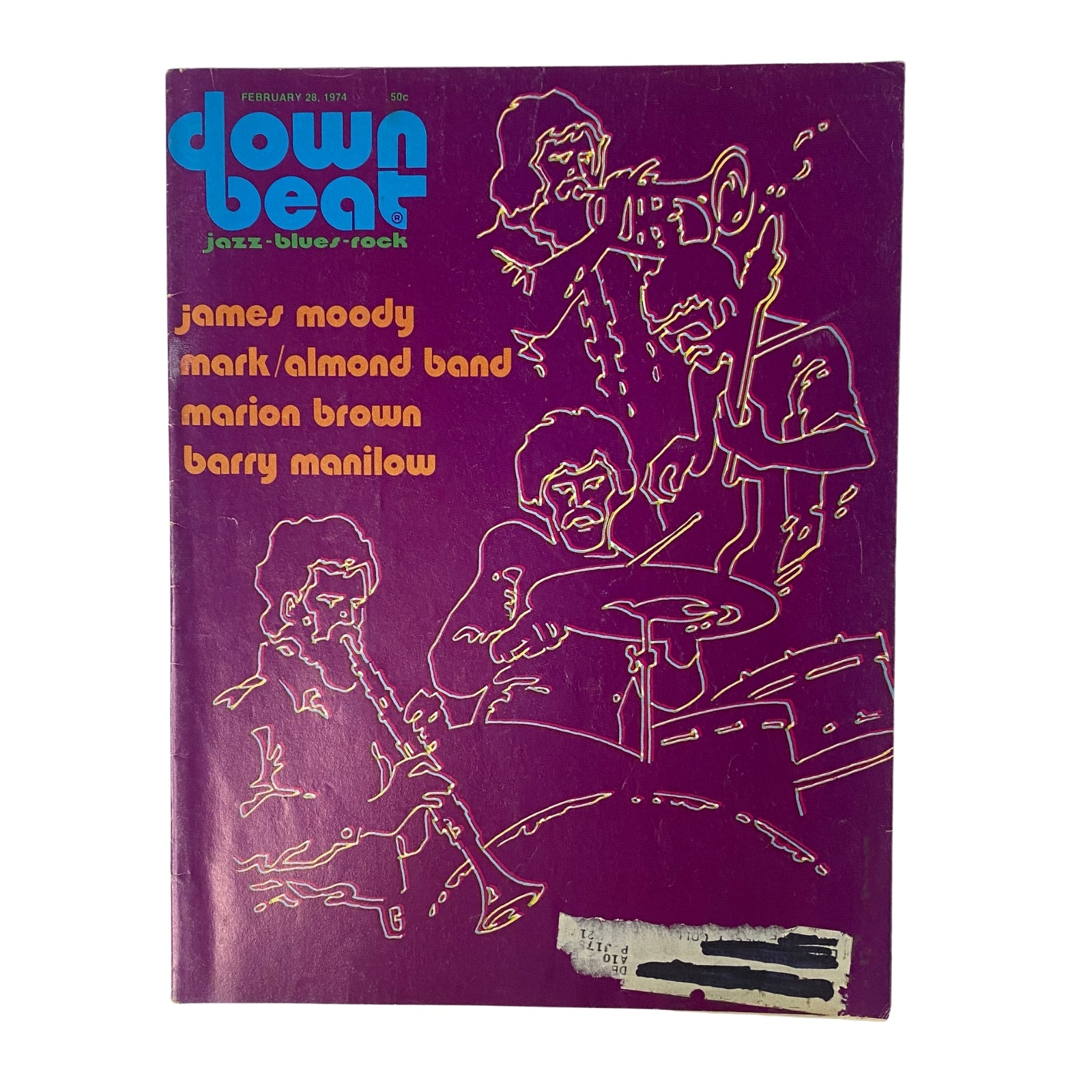 Down Beat Magazine February 28, 1974 Vol 41 No 4 featuring James Moody, Marion Brown, and Barry Manilow on the cover, showcasing jazz and music culture.