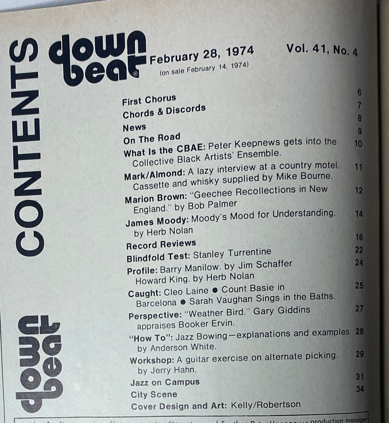 Table of contents from Down Beat Magazine February 28, 1974 Vol 41 No 4, listing articles on James Moody, Marion Brown, and other jazz musicians.