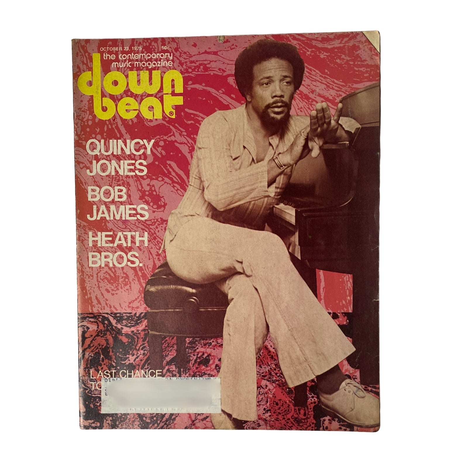 Cover of Down Beat Magazine, October 23, 1975, Vol 42 No. 17 featuring Quincy Jones, Bob James, and the Heath Brothers, showcasing an iconic image of Quincy Jones seated at a piano.