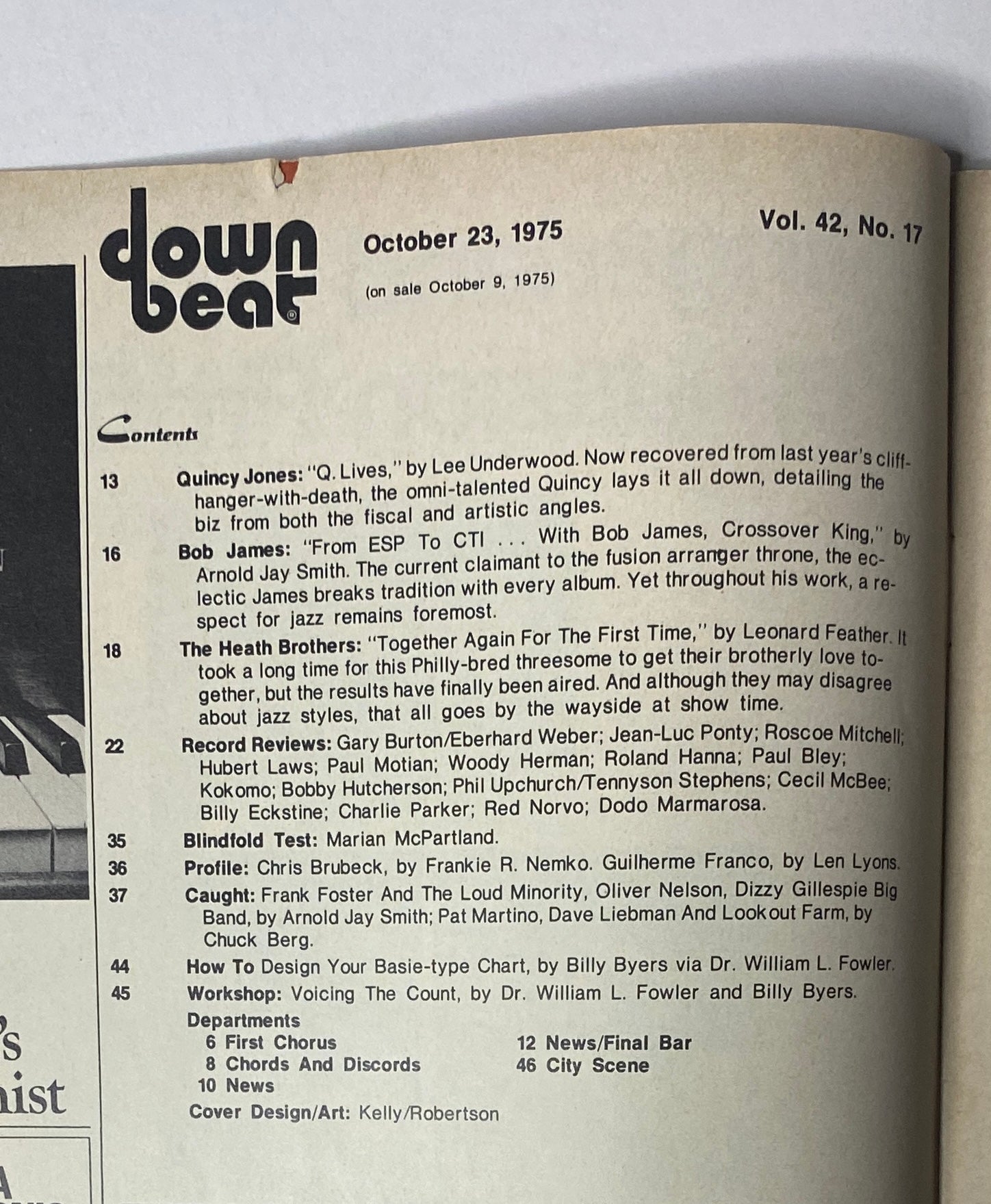 Cover of Down Beat Magazine, October 23, 1975, Volume 42, Number 17 featuring articles on Quincy Jones and Bob James, showcasing the contents listing, including music industry highlights and interviews.