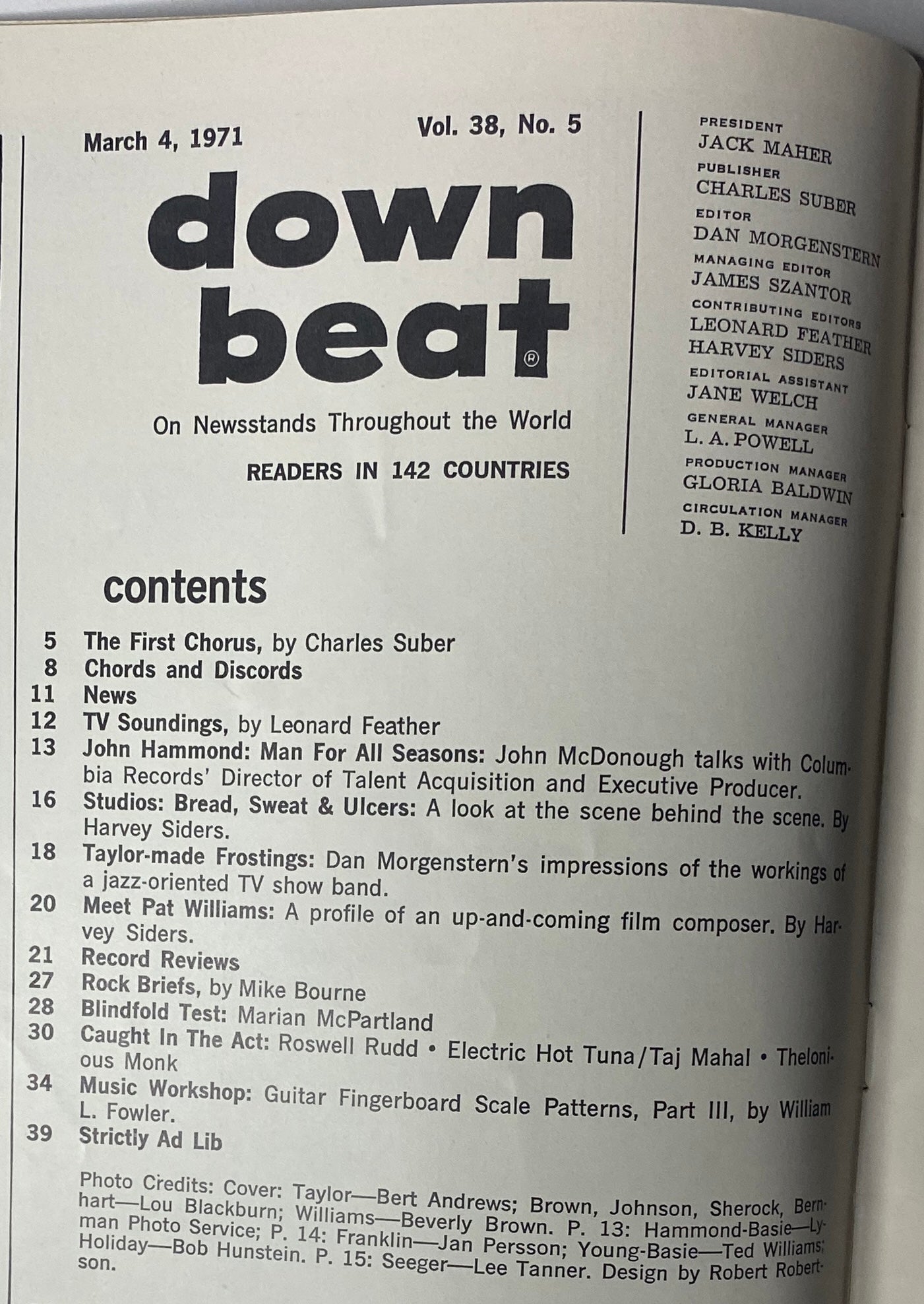 Contents page of Down Beat Magazine, March 4, 1971, Vol. 38 No. 5, listing features on jazz artists including Billy Taylor and John Hammond.